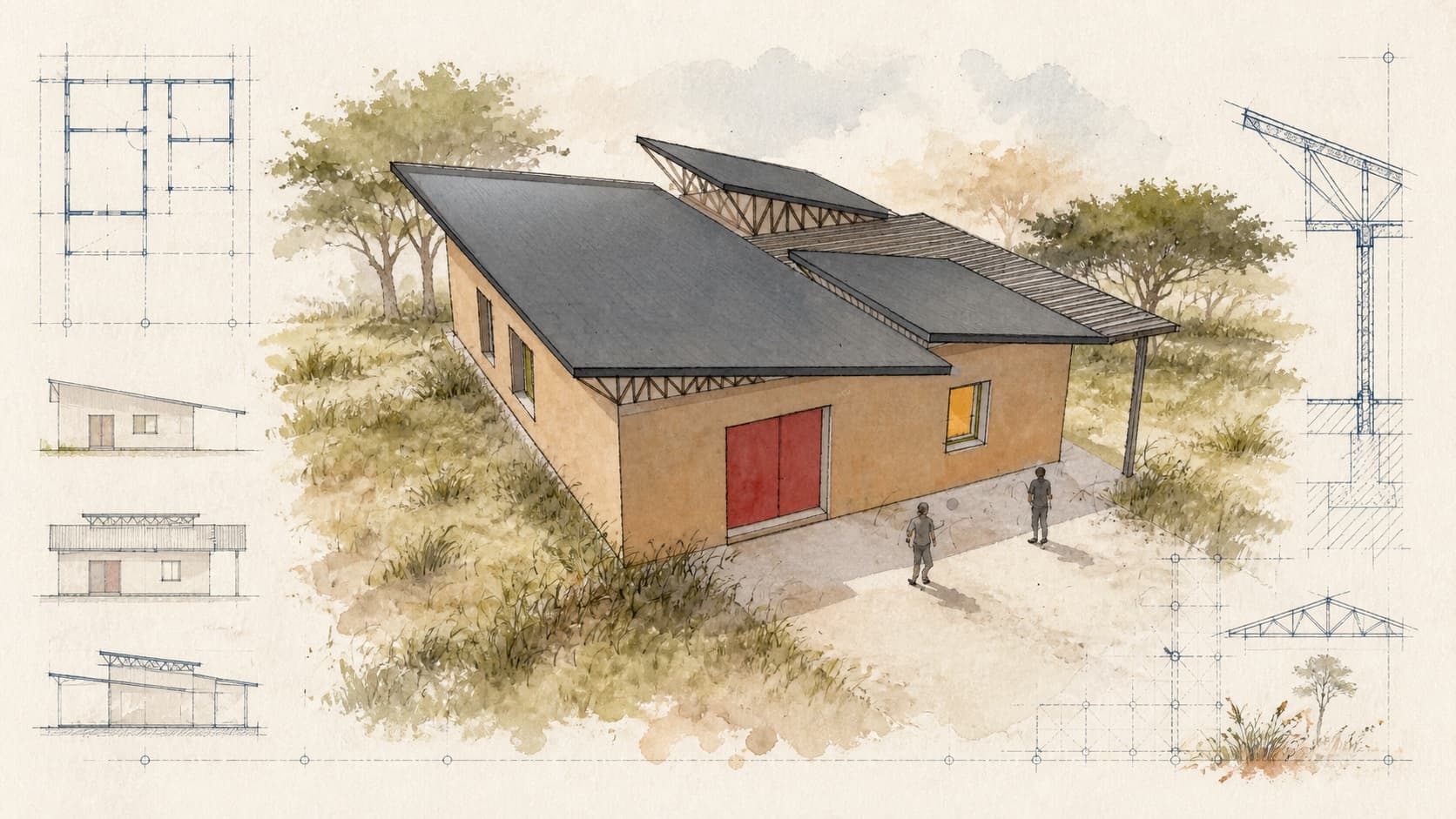 HIV Support Center ASAP architectural visualization with watercolor and blueprint details