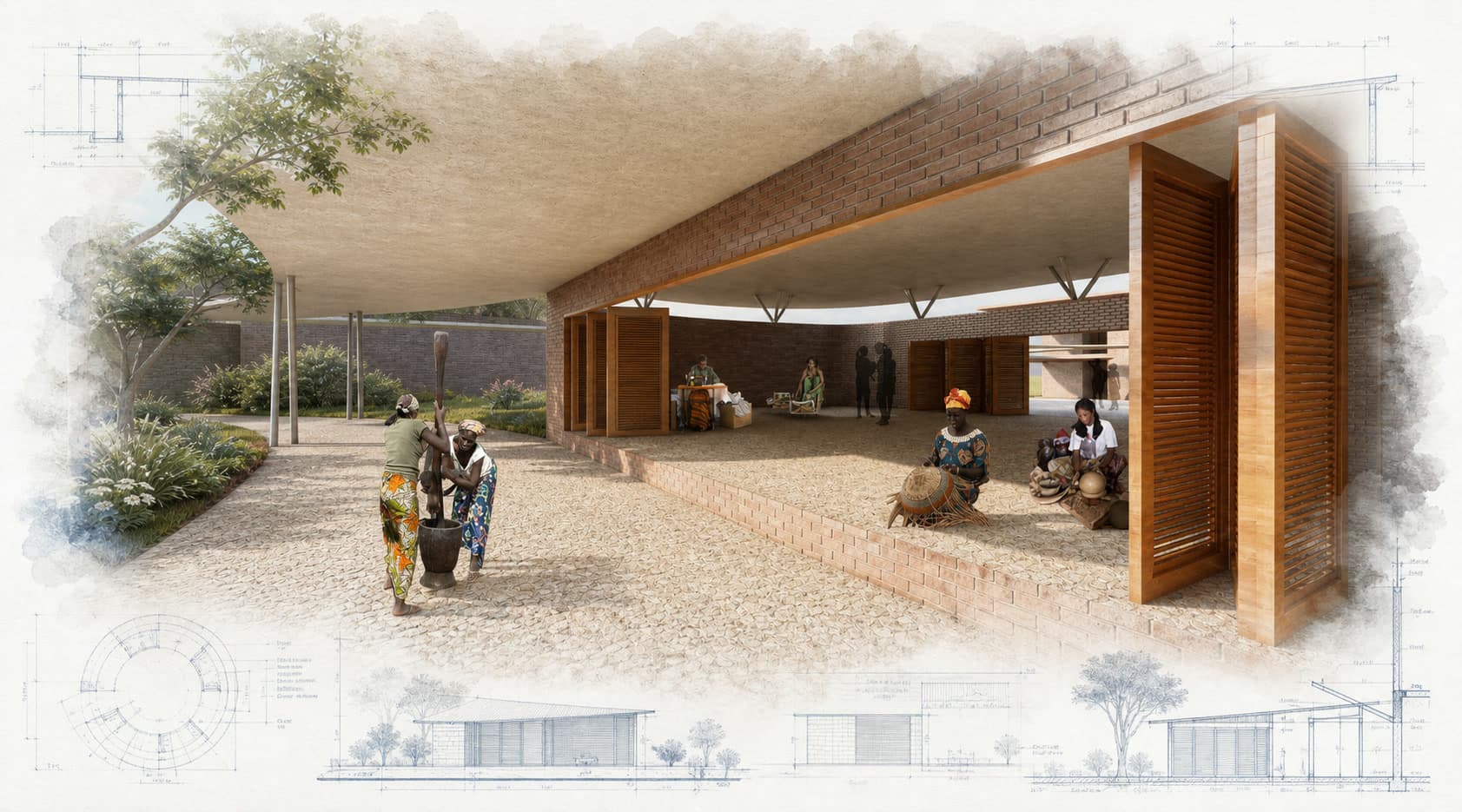 Home Sweet Home Safe House architectural visualization with watercolor and blueprint details