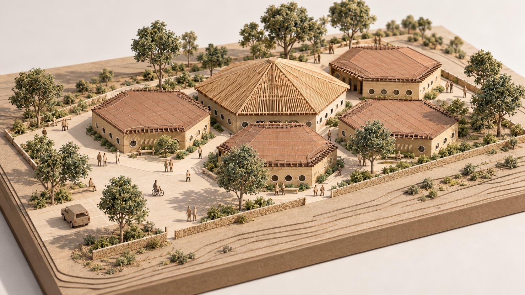 Handcrafted architectural model of the proposed Hope for Africa vocational campus, with accessible paths connecting a central gathering hall and surrounding workshops in Gulu