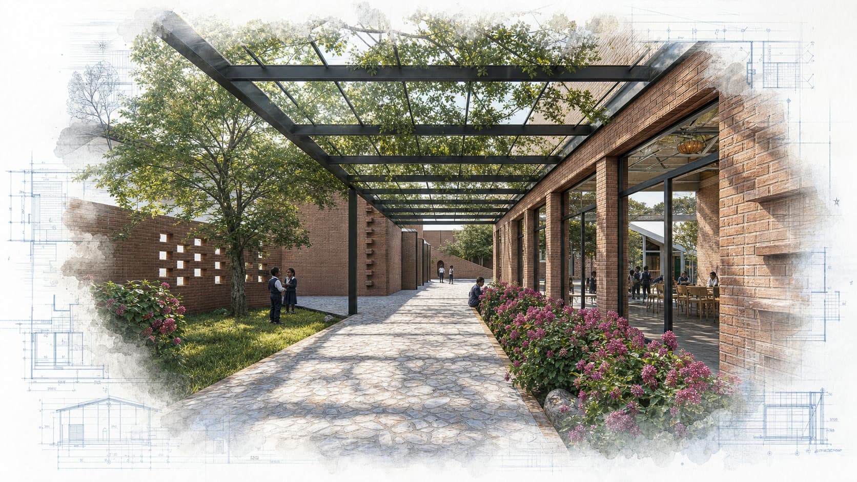 Hope Primary School architectural visualization with watercolor and blueprint details