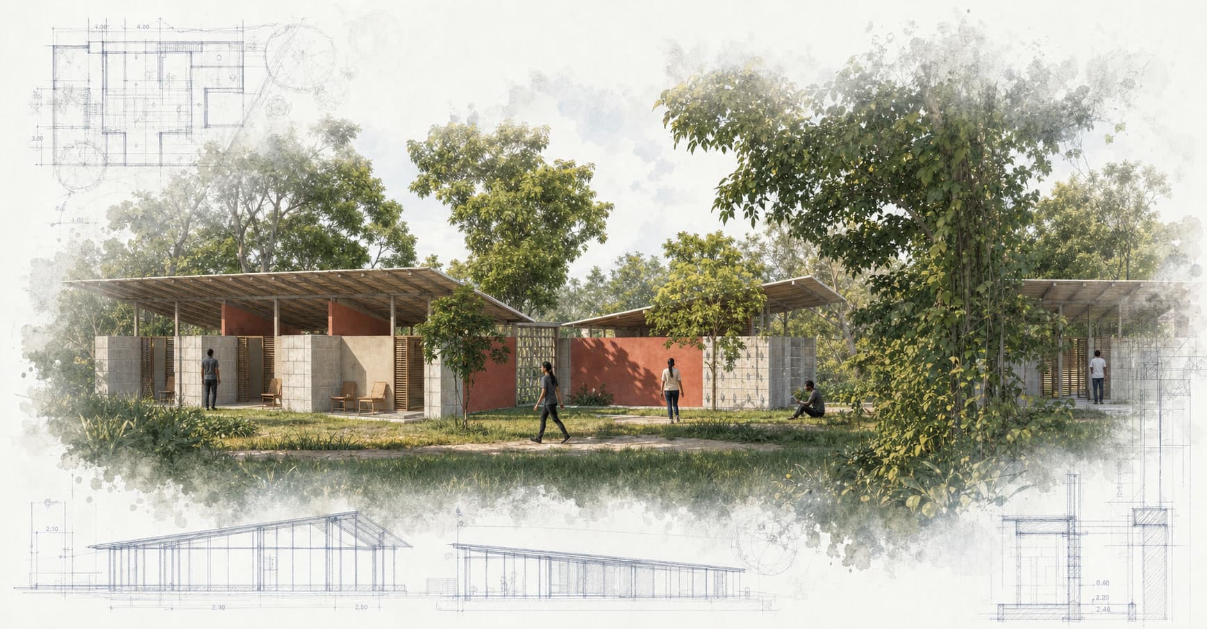 Human Trafficking Rehab and Eco Center architectural visualization with watercolor and blueprint details