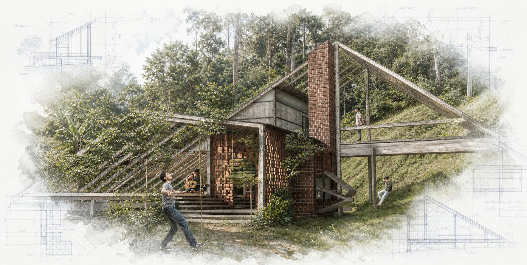 Hut2Hut architectural visualization with watercolor and blueprint details