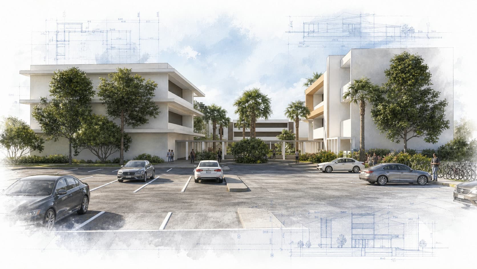 ICF Community Center architectural visualization with watercolor and blueprint details