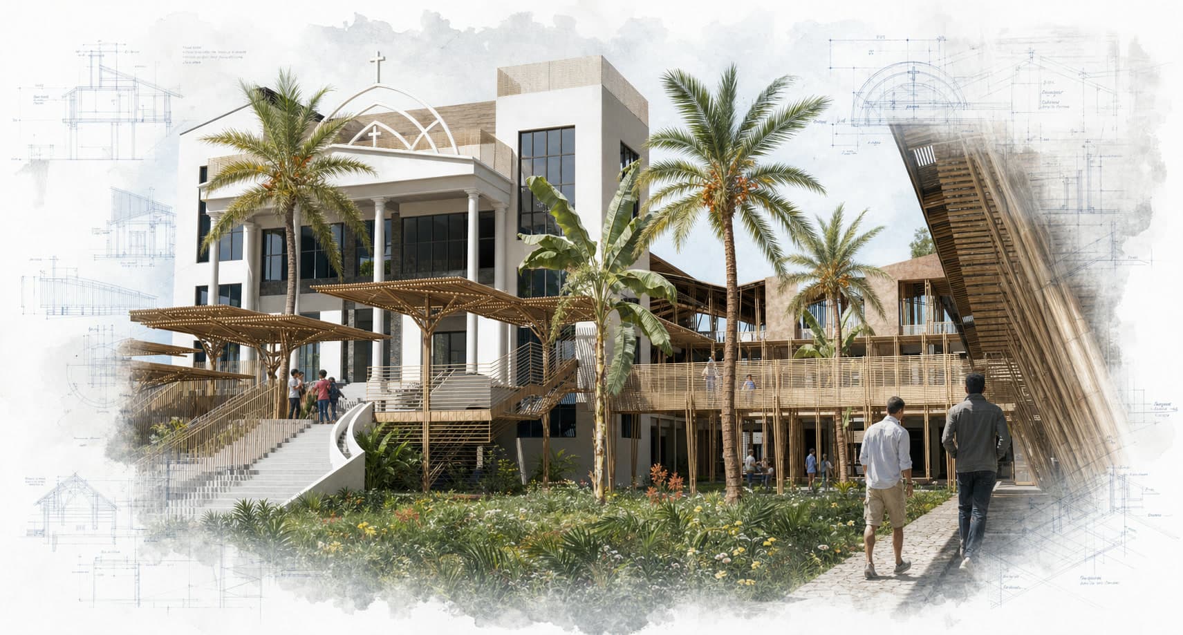 ICM Covenant International School and Community Hall architectural visualization with watercolor and blueprint details