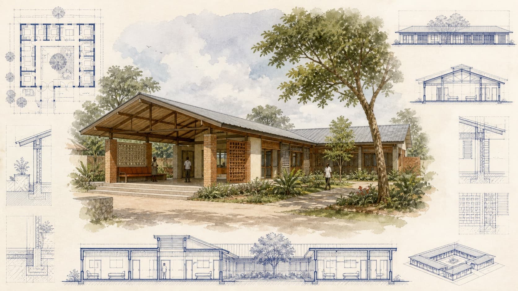 JMM Maternity Ward architectural visualization with watercolor and blueprint details