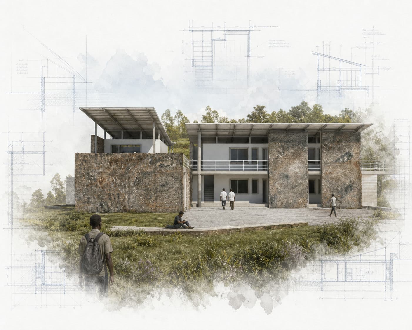 Kihefo Vocational Center architectural visualization with watercolor and blueprint details