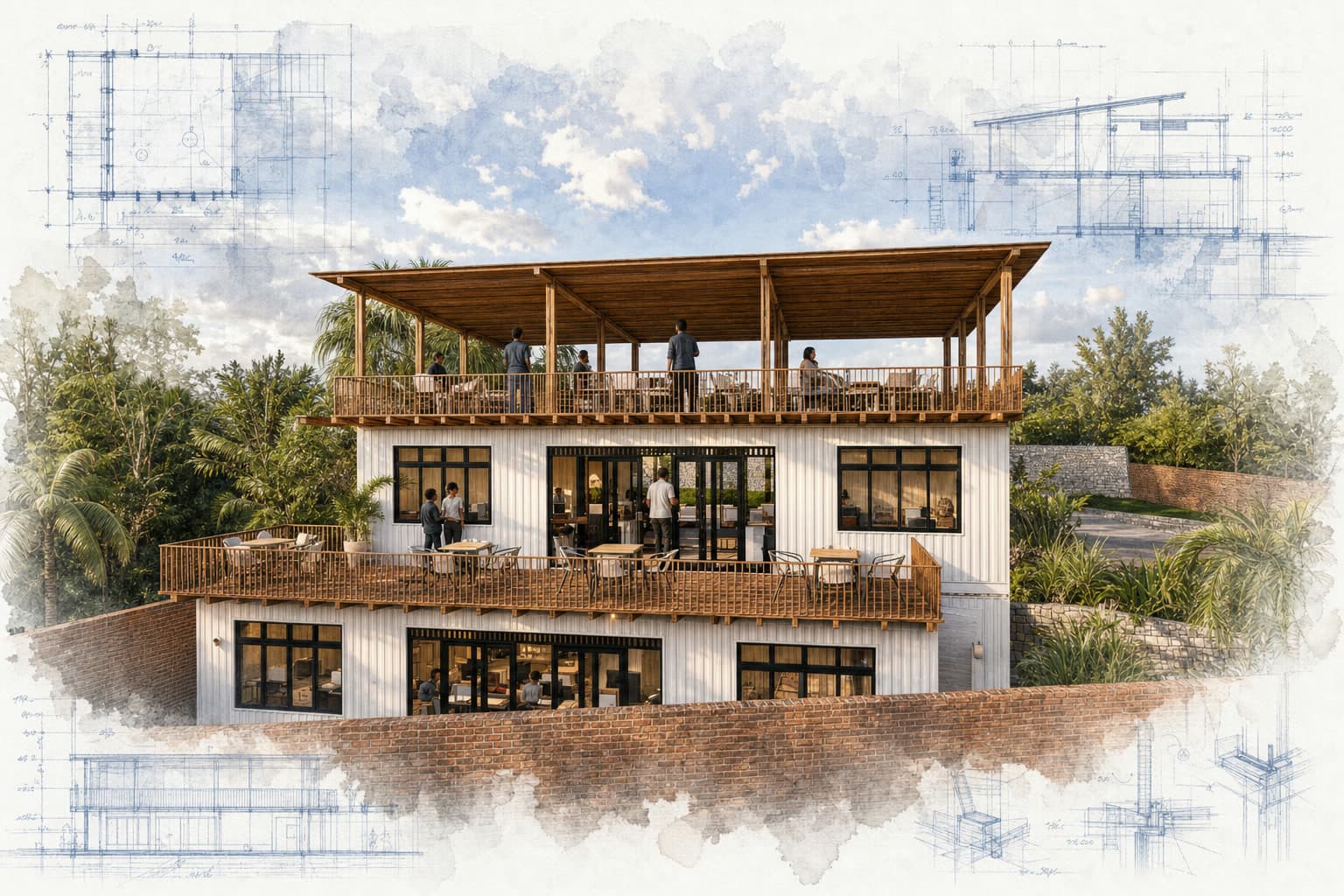 Kijani Village Coworking Campus architectural visualization with watercolor and blueprint details