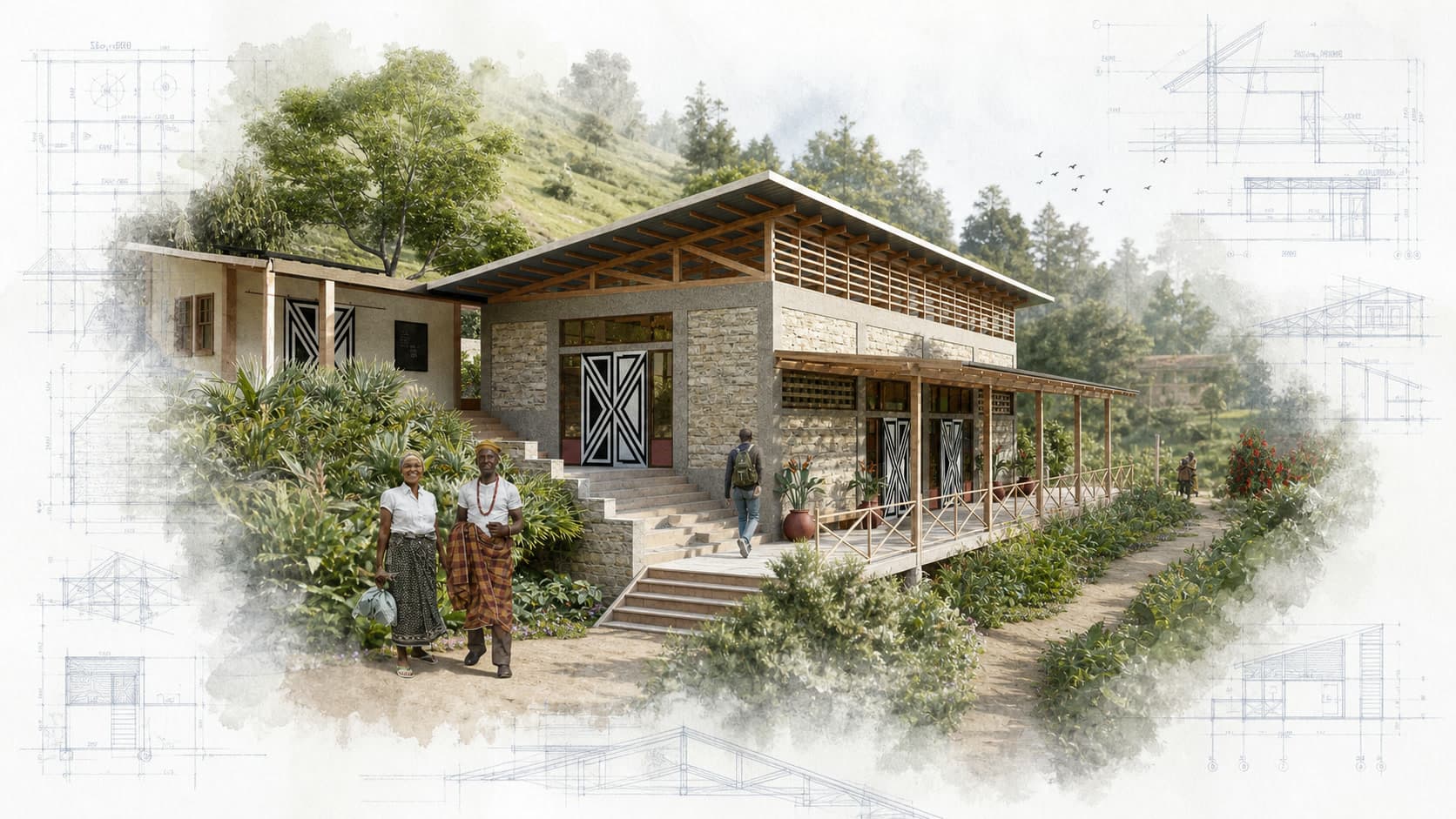 Kilimbi Guest House and Empowering Villages Center architectural visualization with watercolor and blueprint details