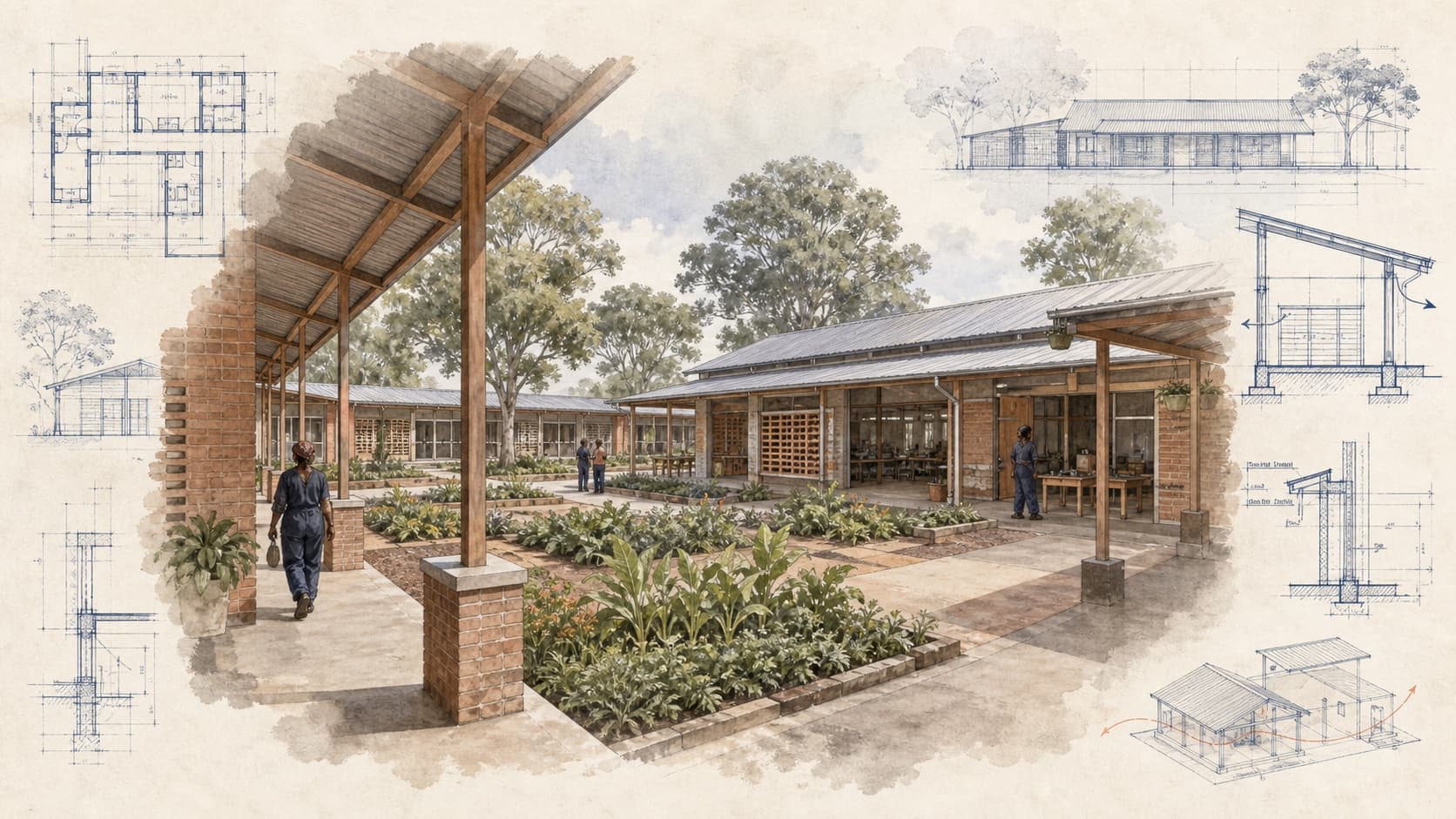 KIVI Campus Development architectural visualization with watercolor and blueprint details