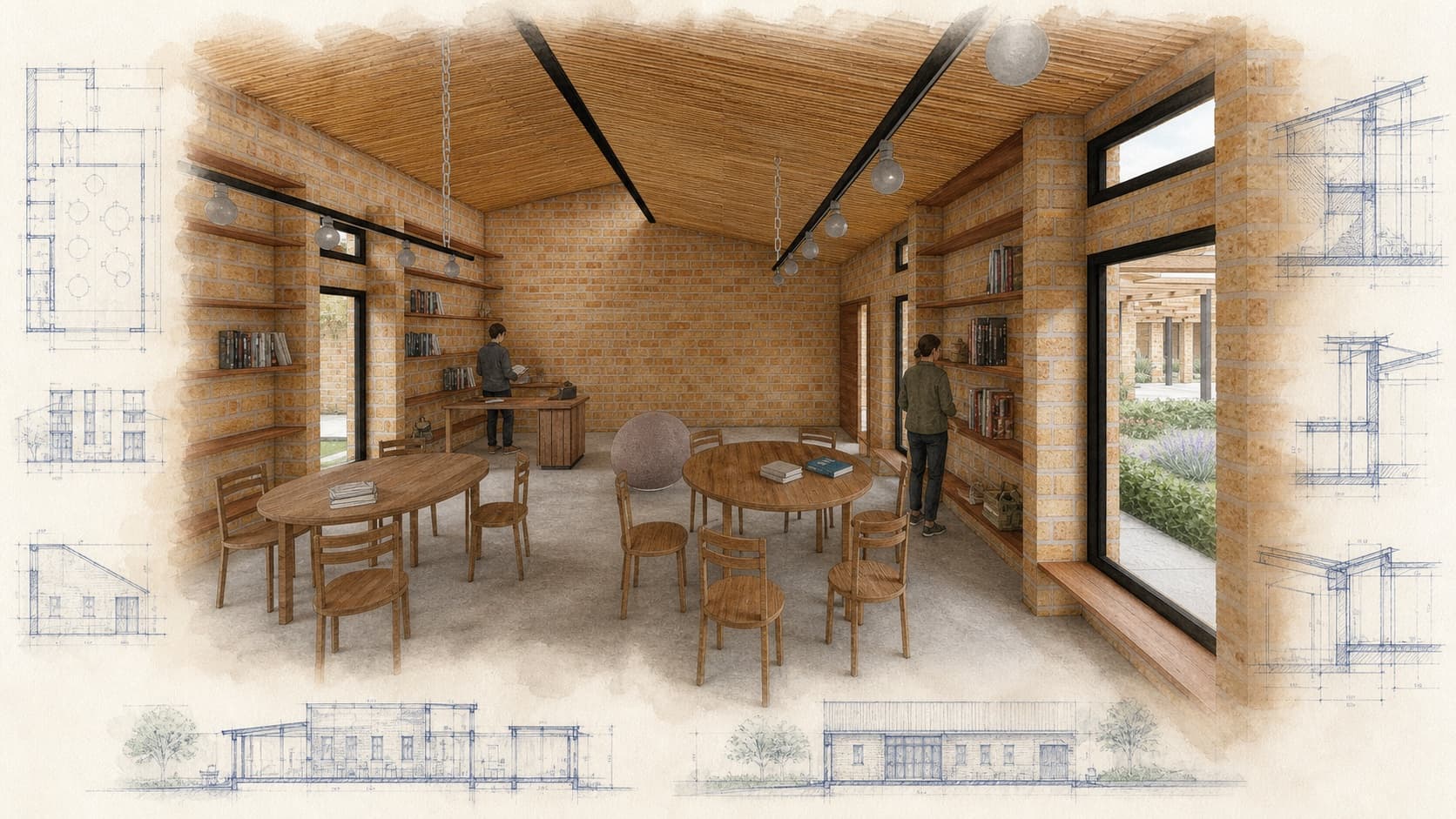 KomezaLife ECEC architectural visualization with watercolor and blueprint details