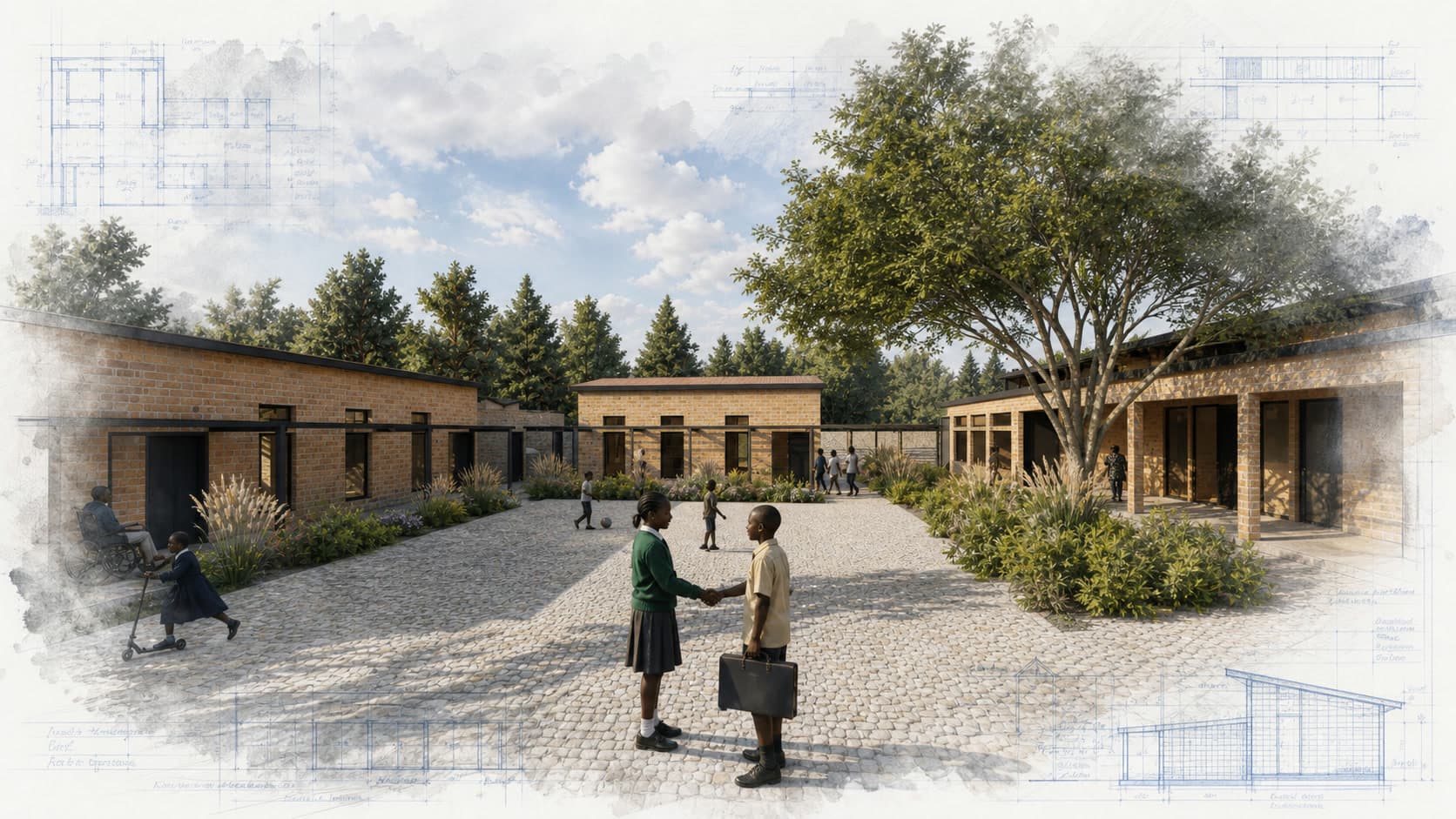KomezaLife ECEC Library and Masterplan Improvements architectural visualization with watercolor and blueprint details