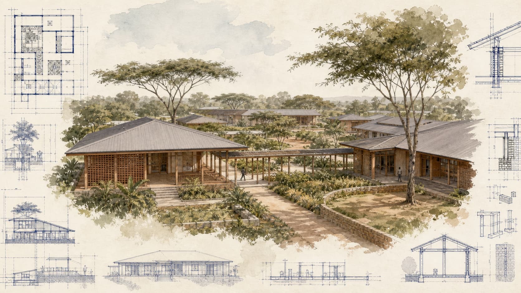 Living God Academy architectural visualization with watercolor and blueprint details