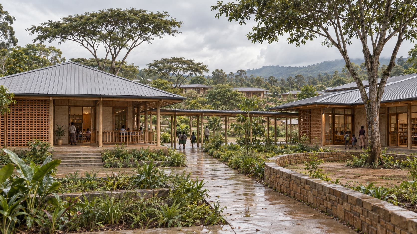 Photorealistic architectural visualization of the proposed Living God Academy, with rain-washed paths connecting shaded pavilions and planted courtyards in Fort Portal