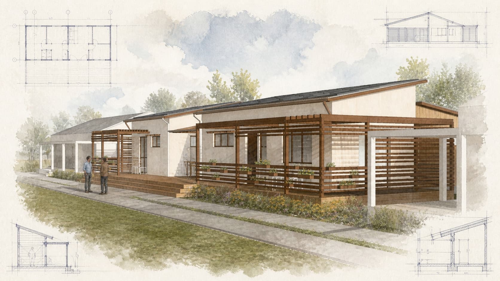 Low-Income Jonestown Housing Master Plan architectural visualization with watercolor and blueprint details