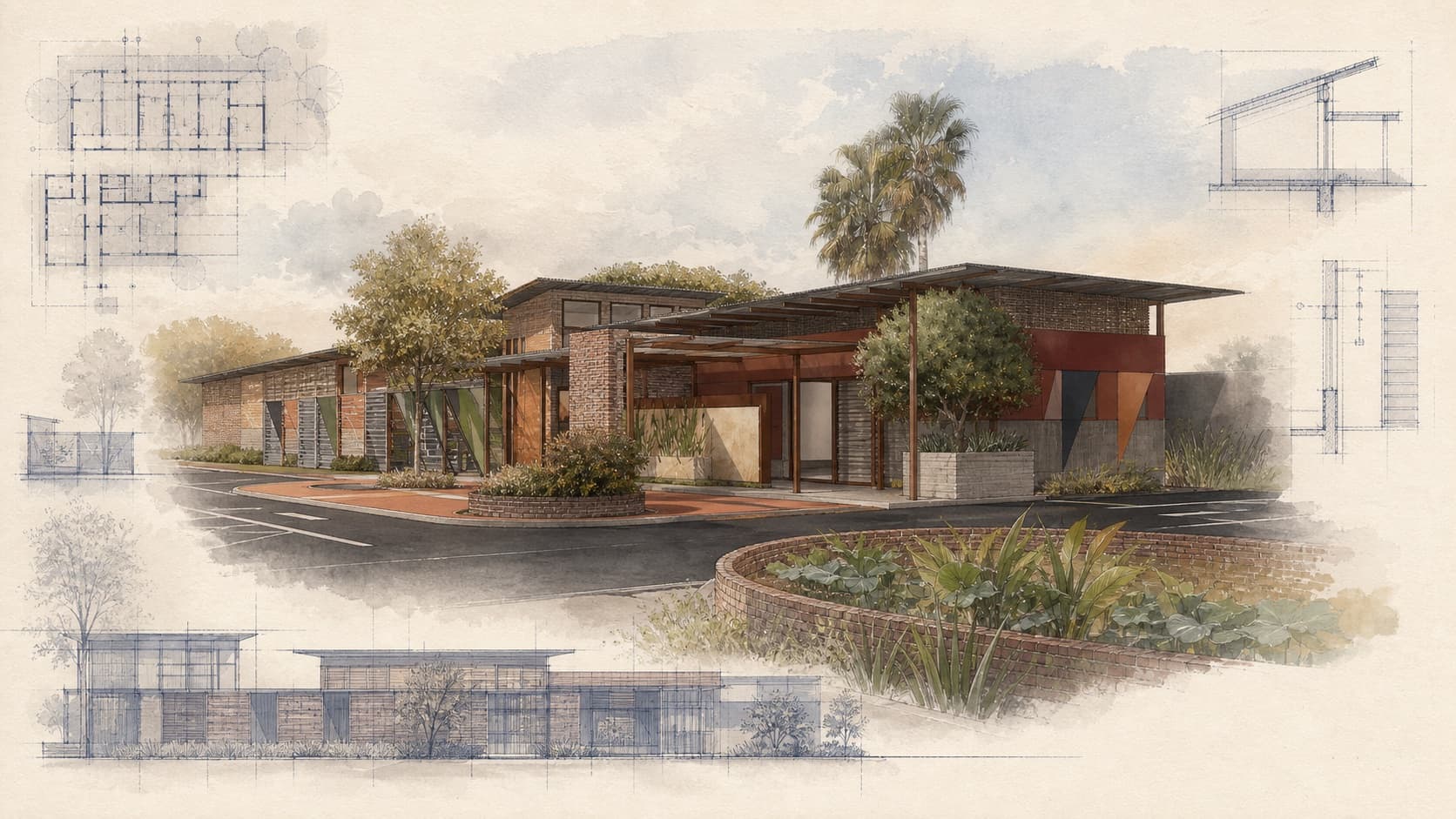 M2535 Clinic architectural visualization with watercolor and blueprint details