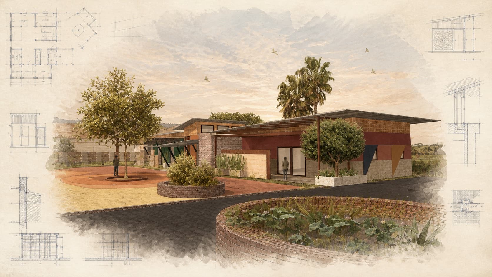 M2535 Community Center architectural visualization with watercolor and blueprint details