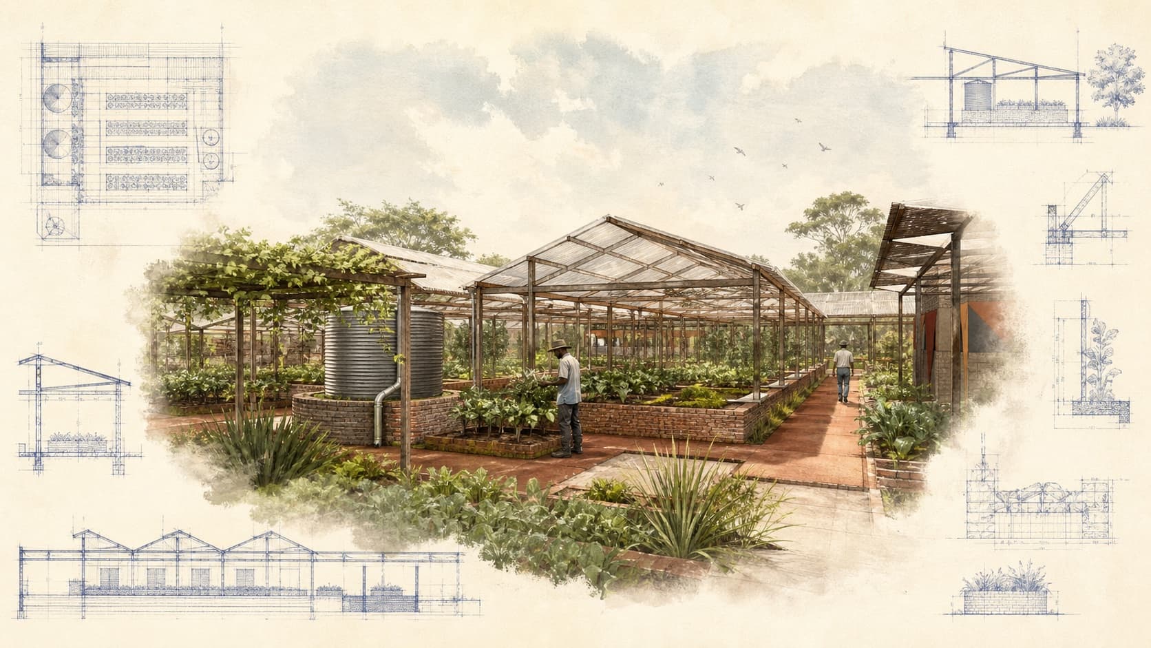 M2535 Greenhouses architectural visualization with watercolor and blueprint details