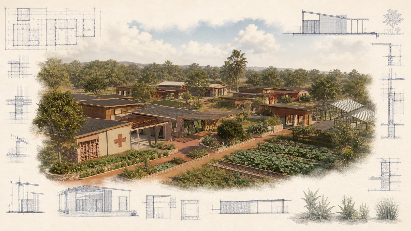 M2535 Vocational Village architectural visualization with watercolor and blueprint details