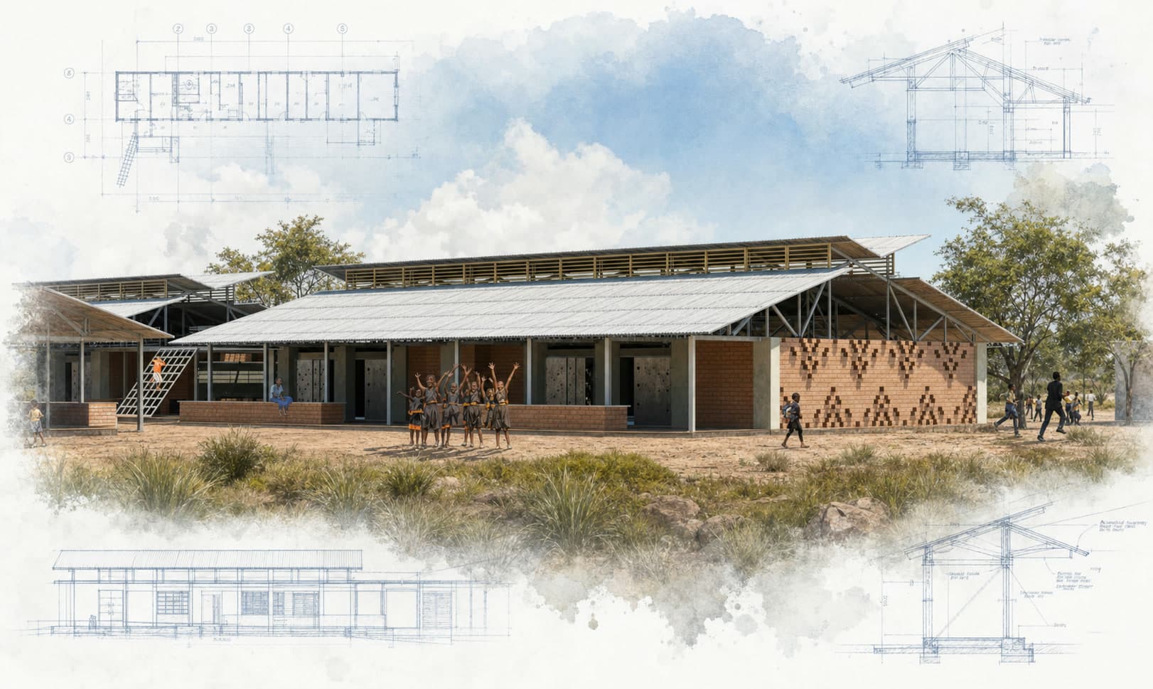 Mairo Primary School architectural visualization with watercolor and blueprint details