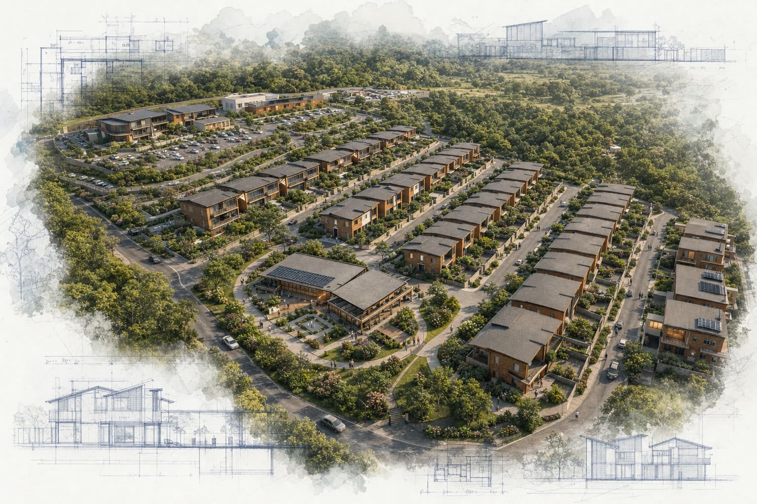 Mbandazi Village Mixed Use architectural visualization with watercolor and blueprint details