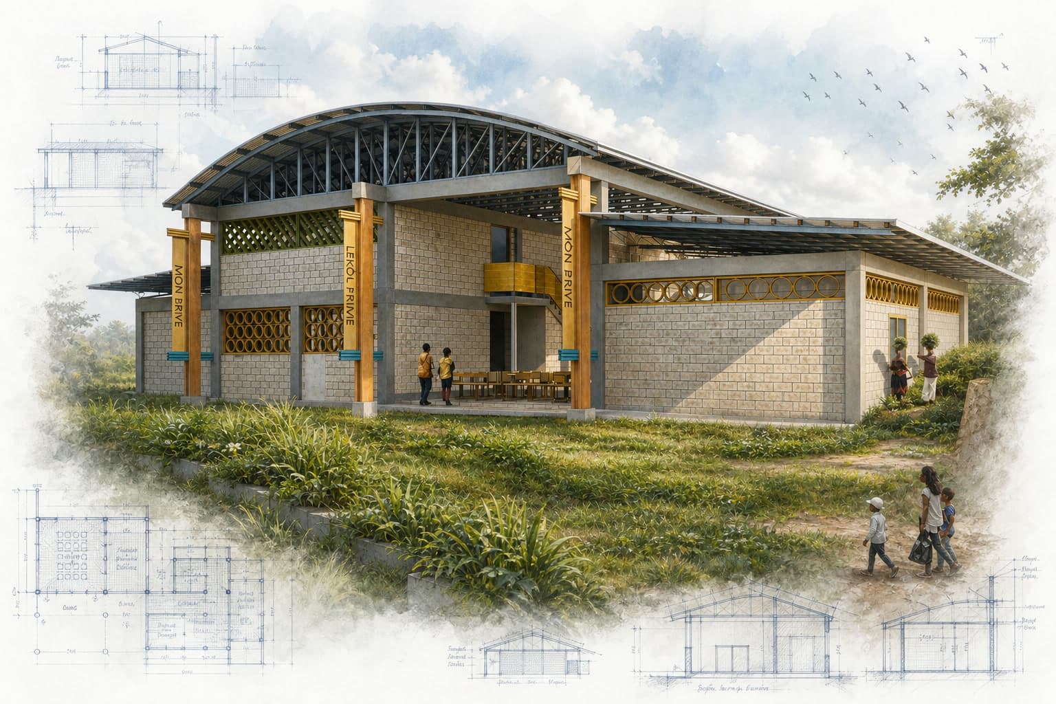Mon Briye Primary School architectural visualization with watercolor and blueprint details