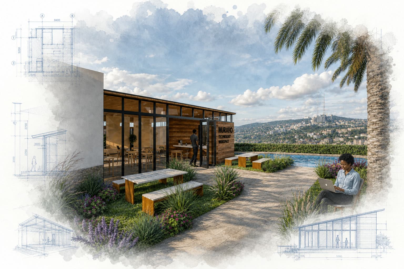 Muraho Technology Workspace architectural visualization with watercolor and blueprint details