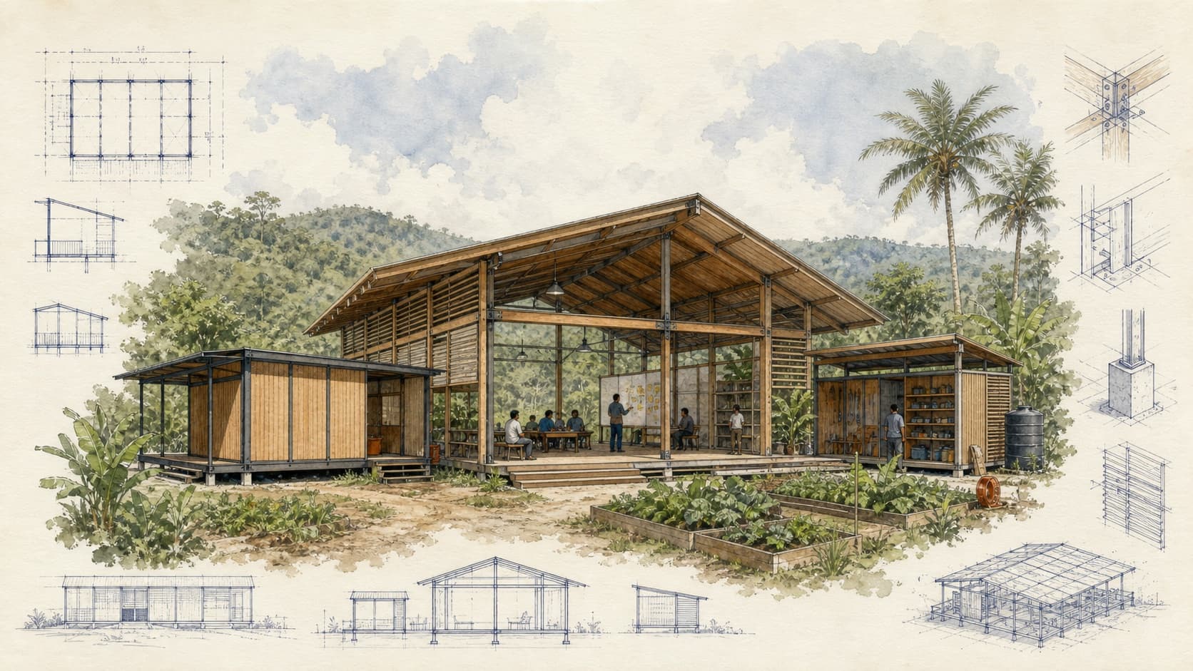 Mutatá Community Center architectural visualization with watercolor and blueprint details