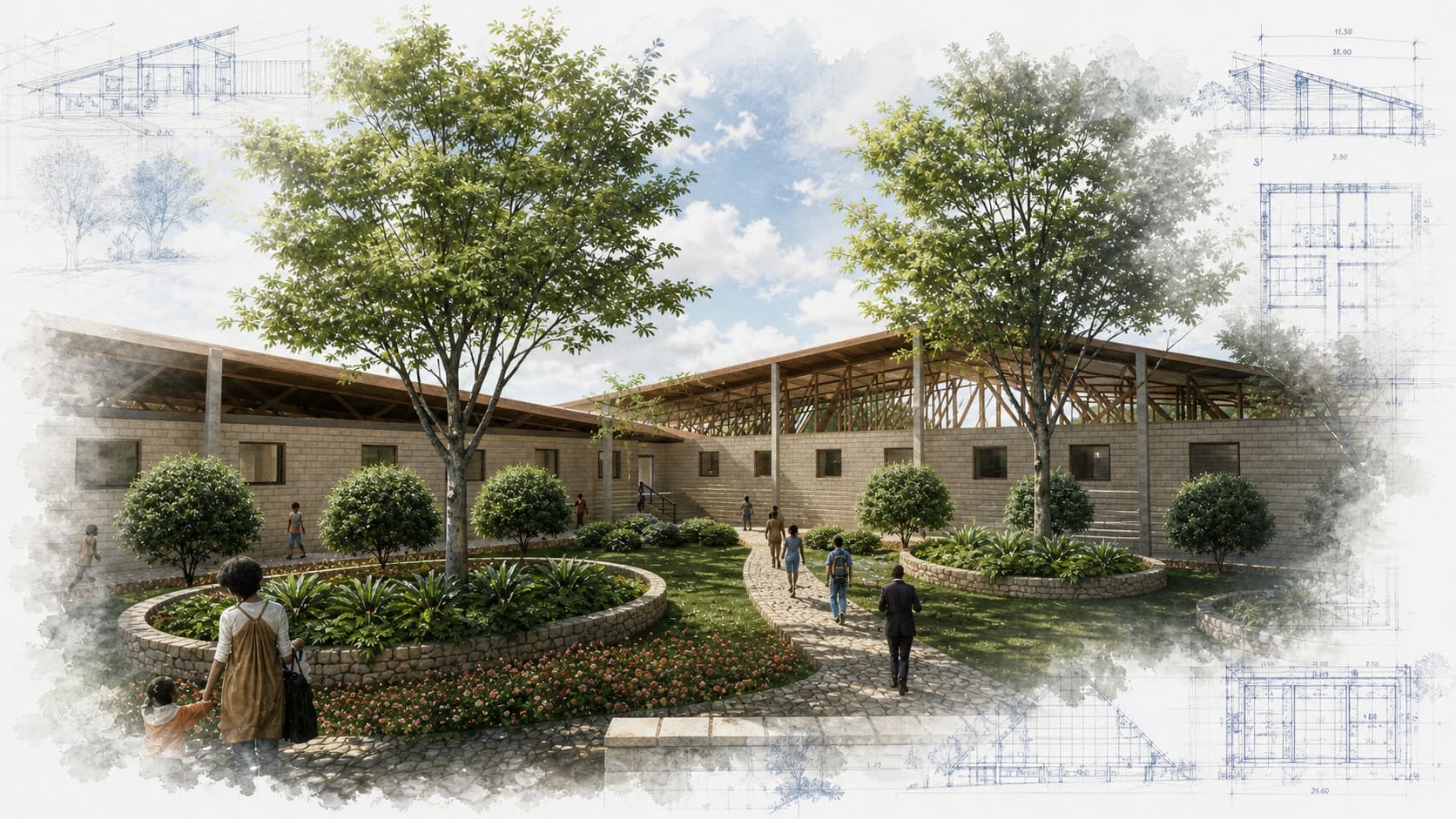 MVC School Dormitory architectural visualization with watercolor and blueprint details