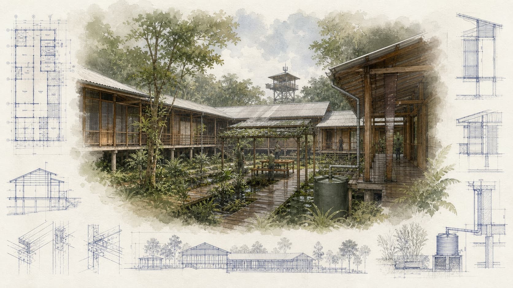 National Park Ranger Station architectural visualization with watercolor and blueprint details