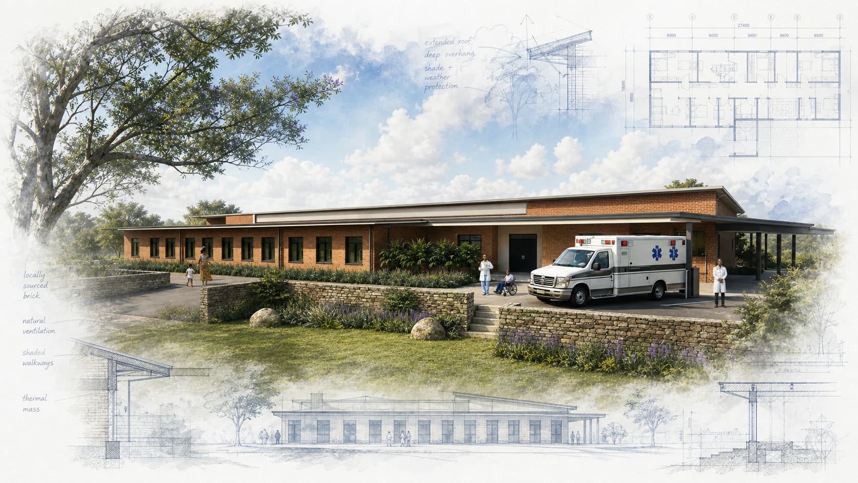 Nyamata Hospital Extension architectural visualization with watercolor and blueprint details