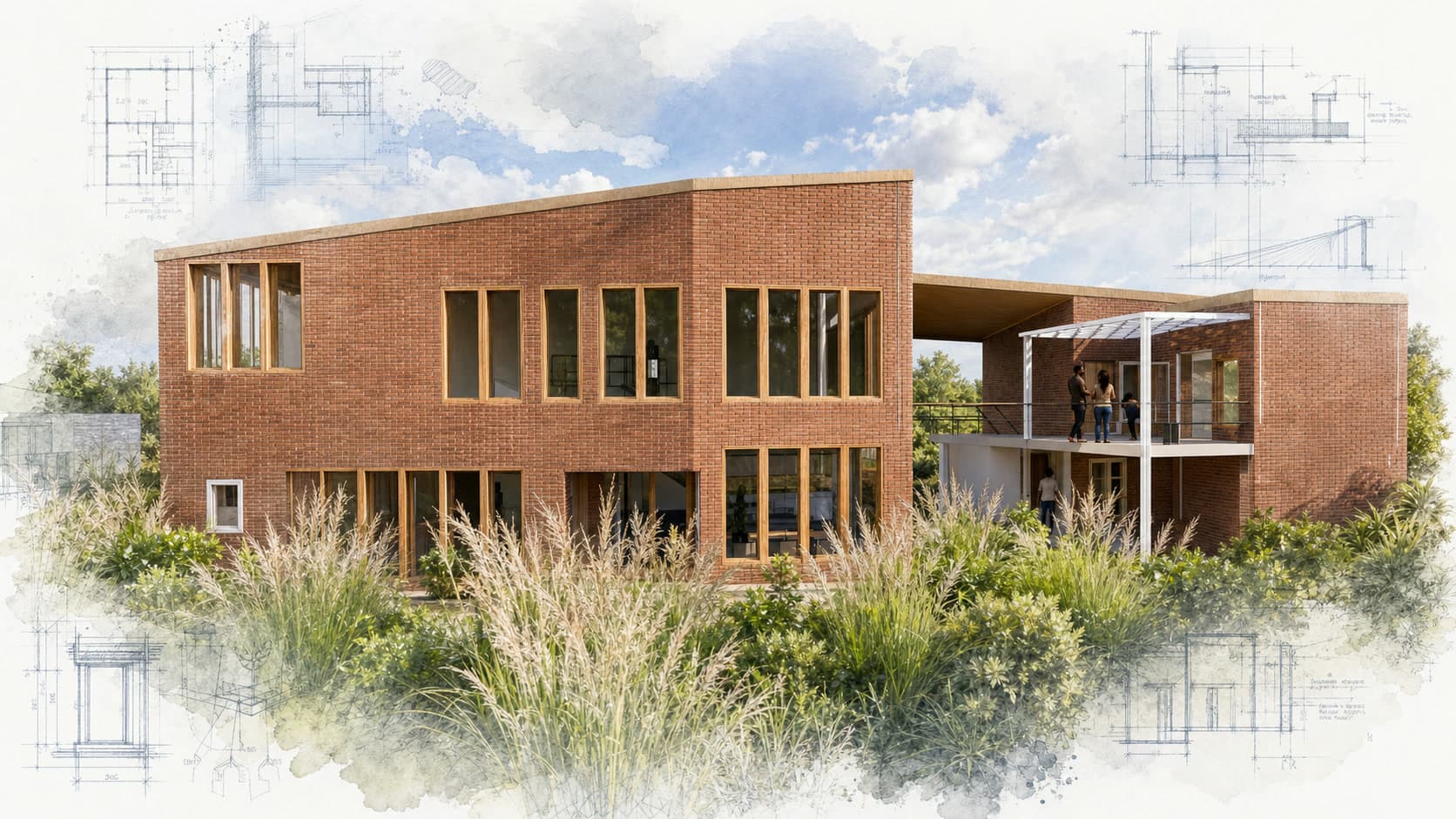 OHODI Community Trauma Informed Facility architectural visualization with watercolor and blueprint details