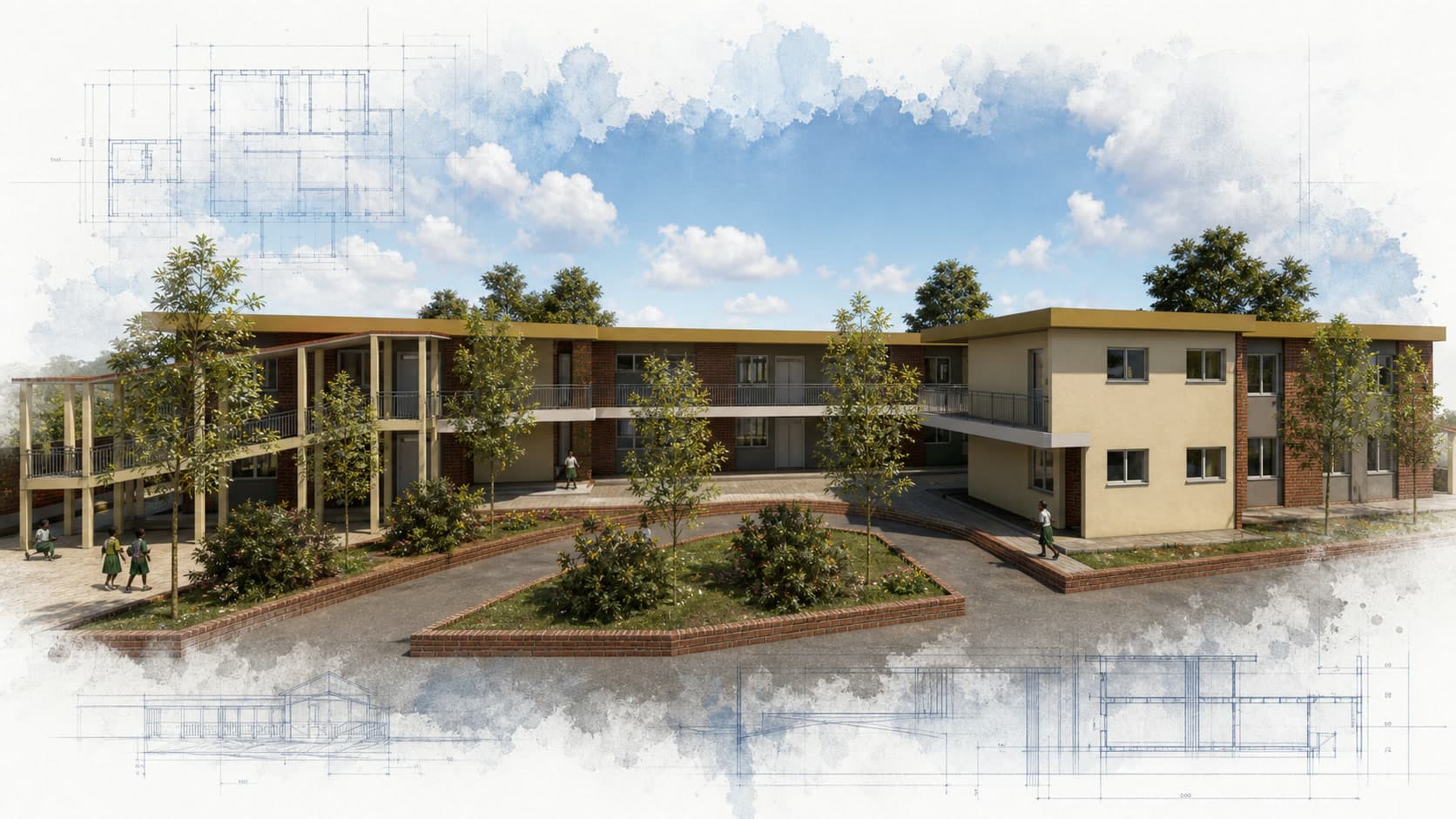 Omega Ministries Primary School architectural visualization with watercolor and blueprint details