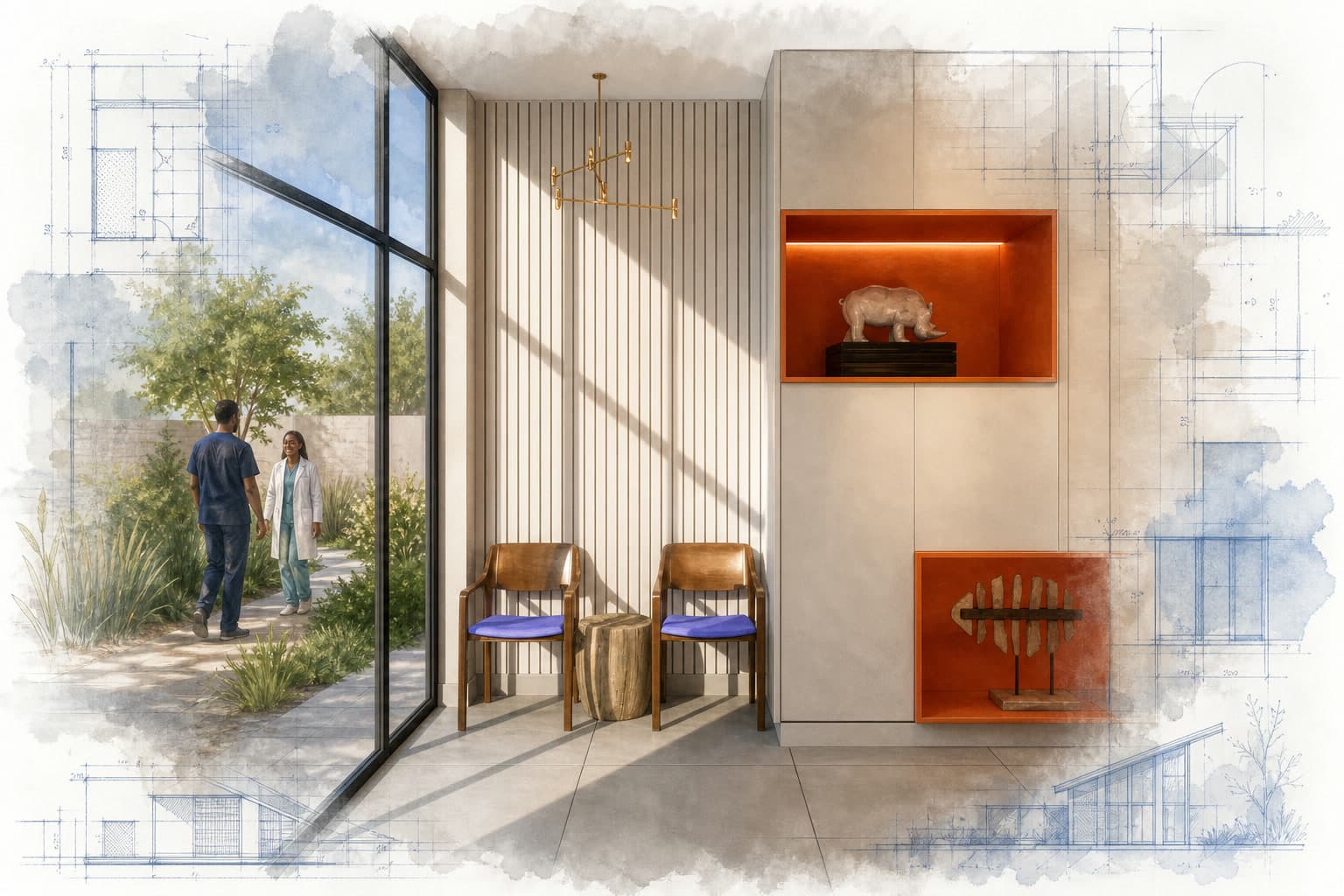 On Call Africa Health Training Center architectural visualization with watercolor and blueprint details