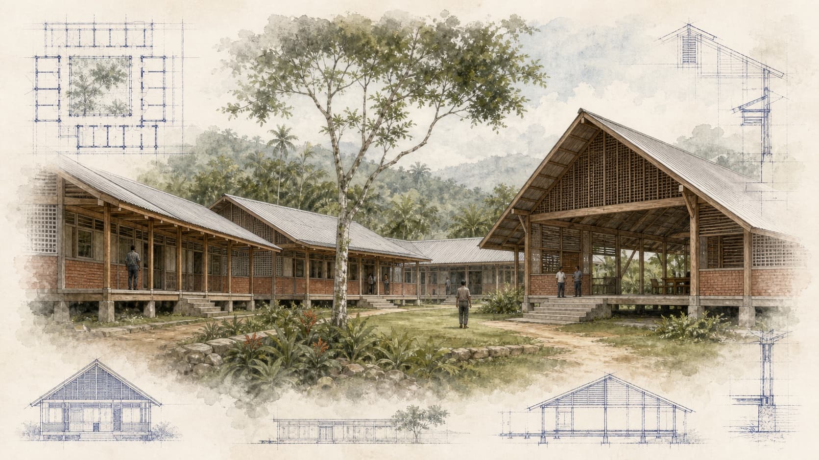 Papua New Guinea Christian School architectural visualization with watercolor and blueprint details