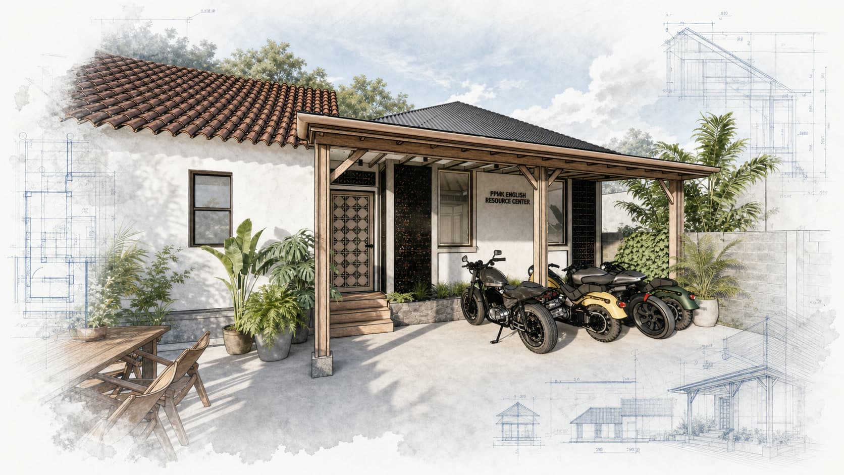 PPMK English Resource Center architectural visualization with watercolor and blueprint details