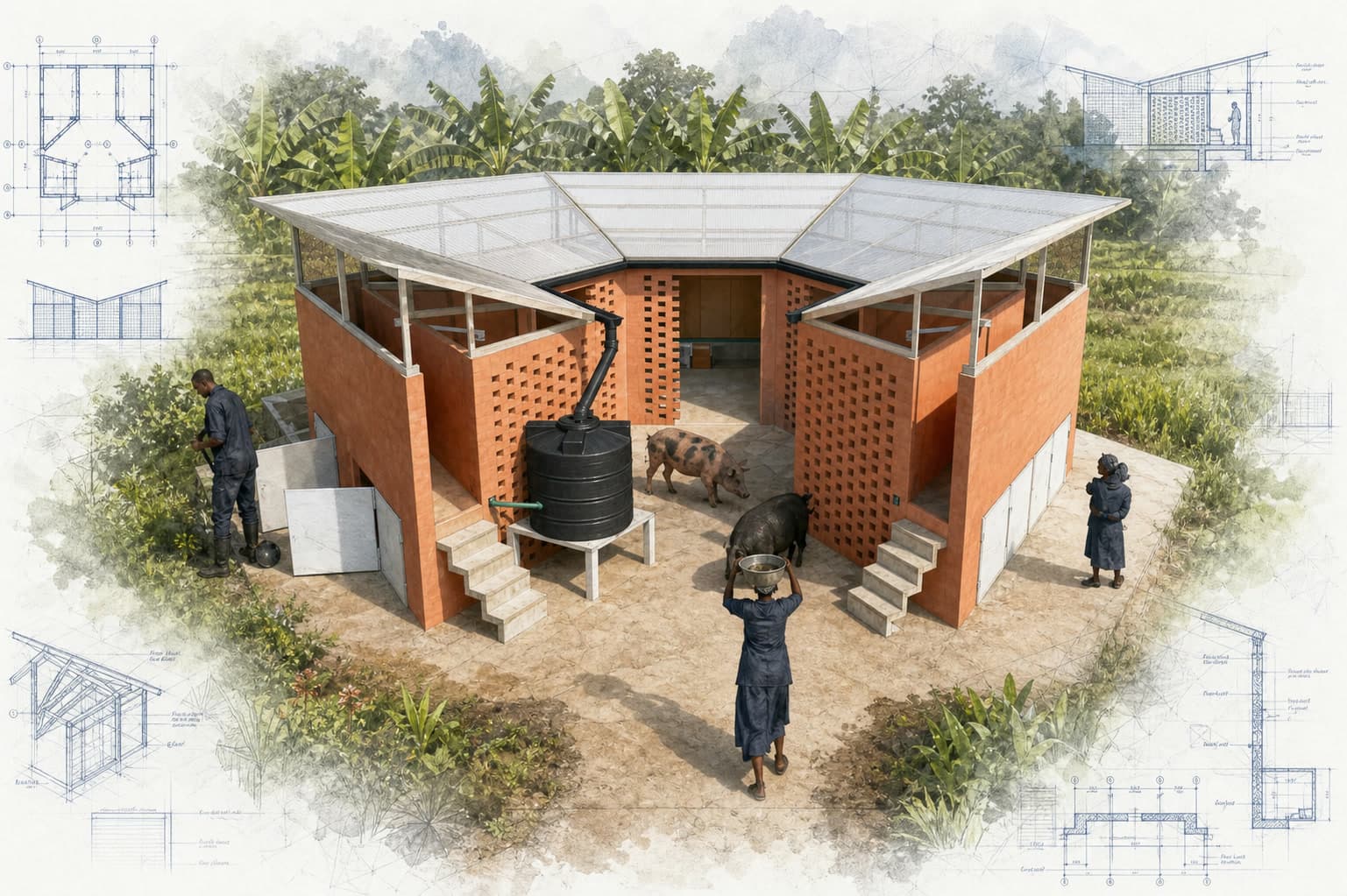 Premium Meat Company architectural visualization with watercolor and blueprint details