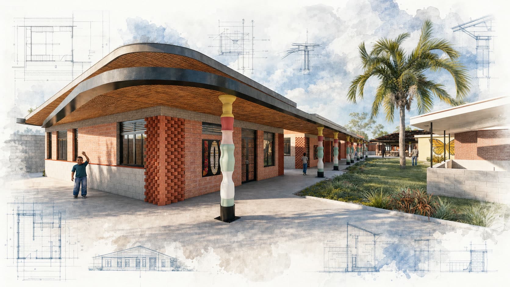 Project MAR-X architectural visualization with watercolor and blueprint details