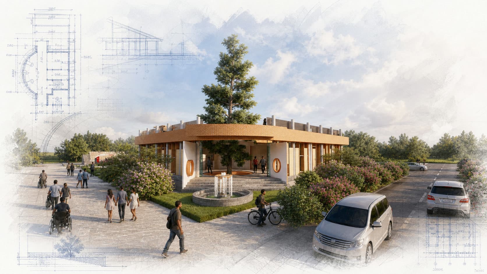 Pulpit Church Construction architectural visualization with watercolor and blueprint details