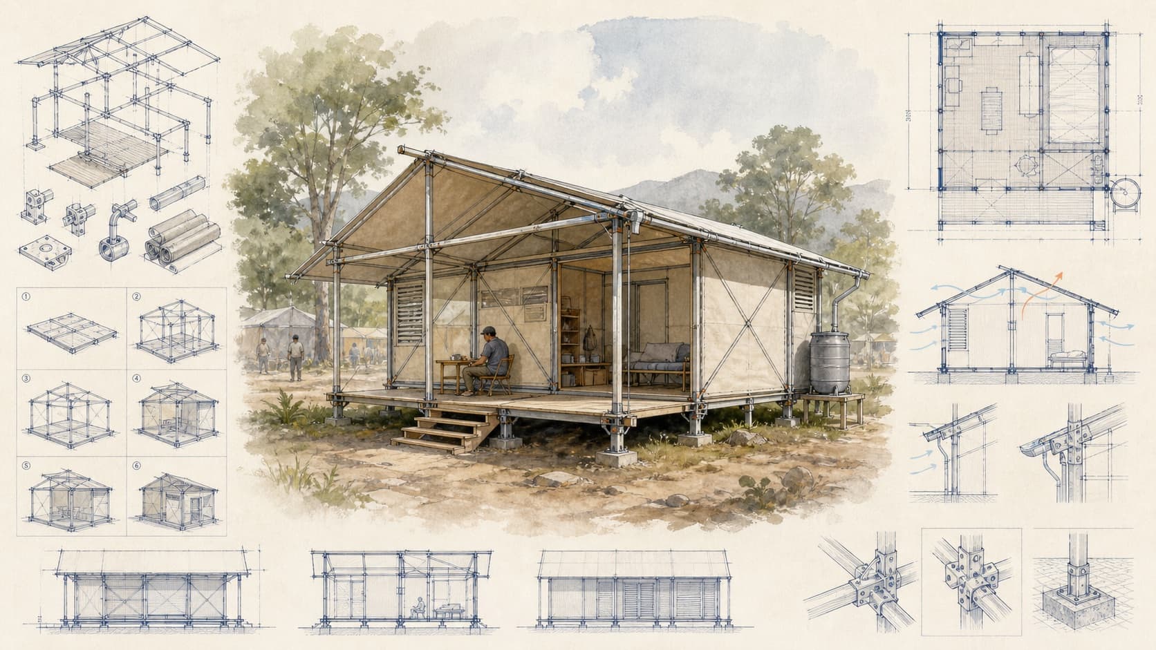 Resilient Emergency Architecture Research architectural visualization with watercolor and blueprint details