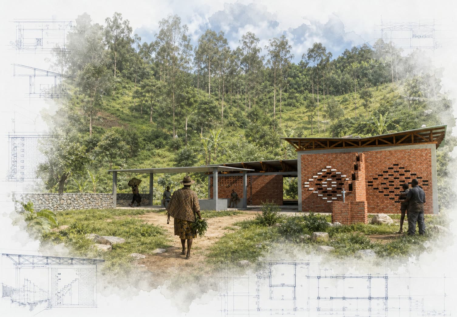 Rubagabaga Agriculture Training Facility and Community Center architectural visualization with watercolor and blueprint details