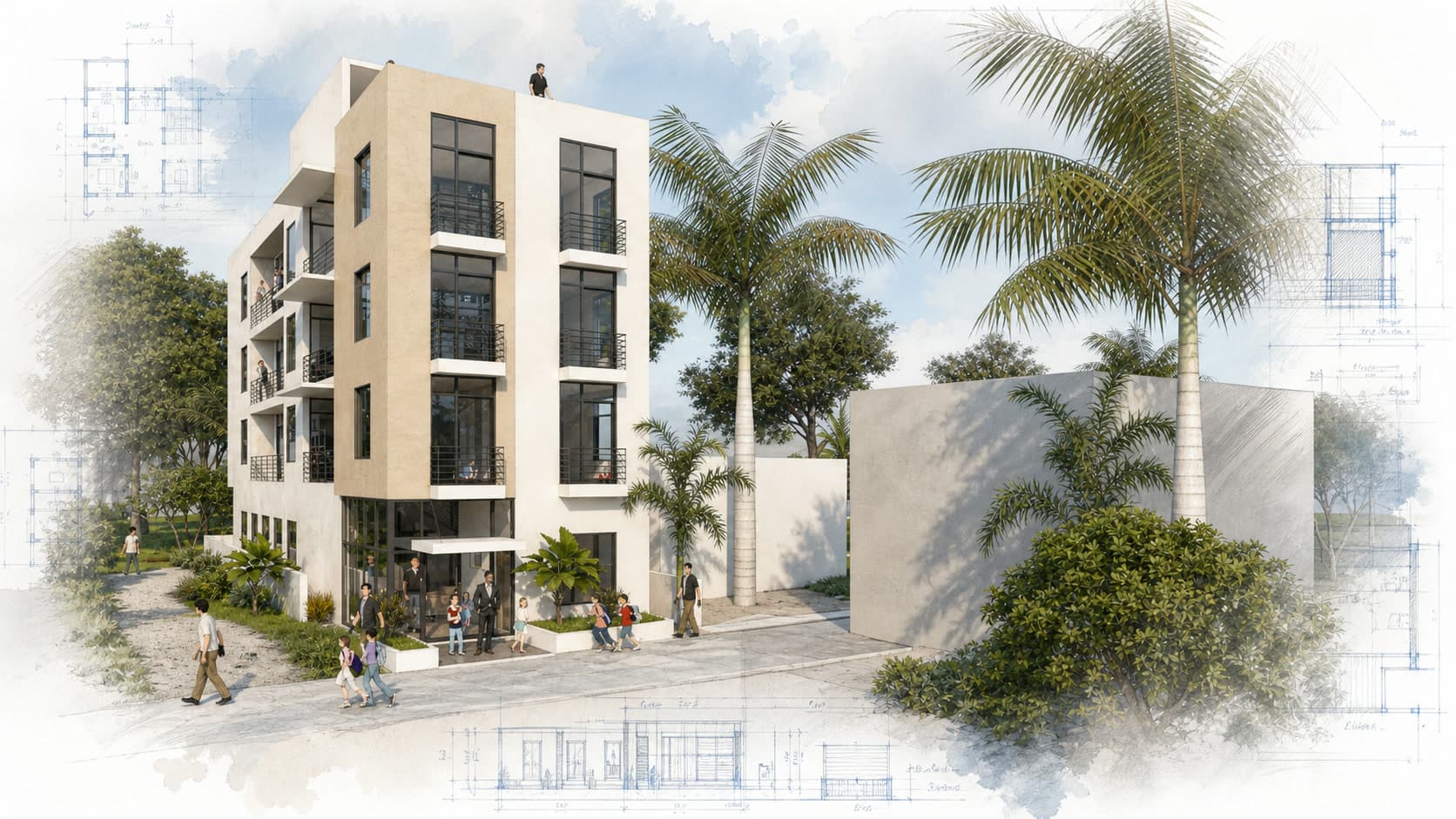 Sabujnagar Club Community Center architectural visualization with watercolor and blueprint details