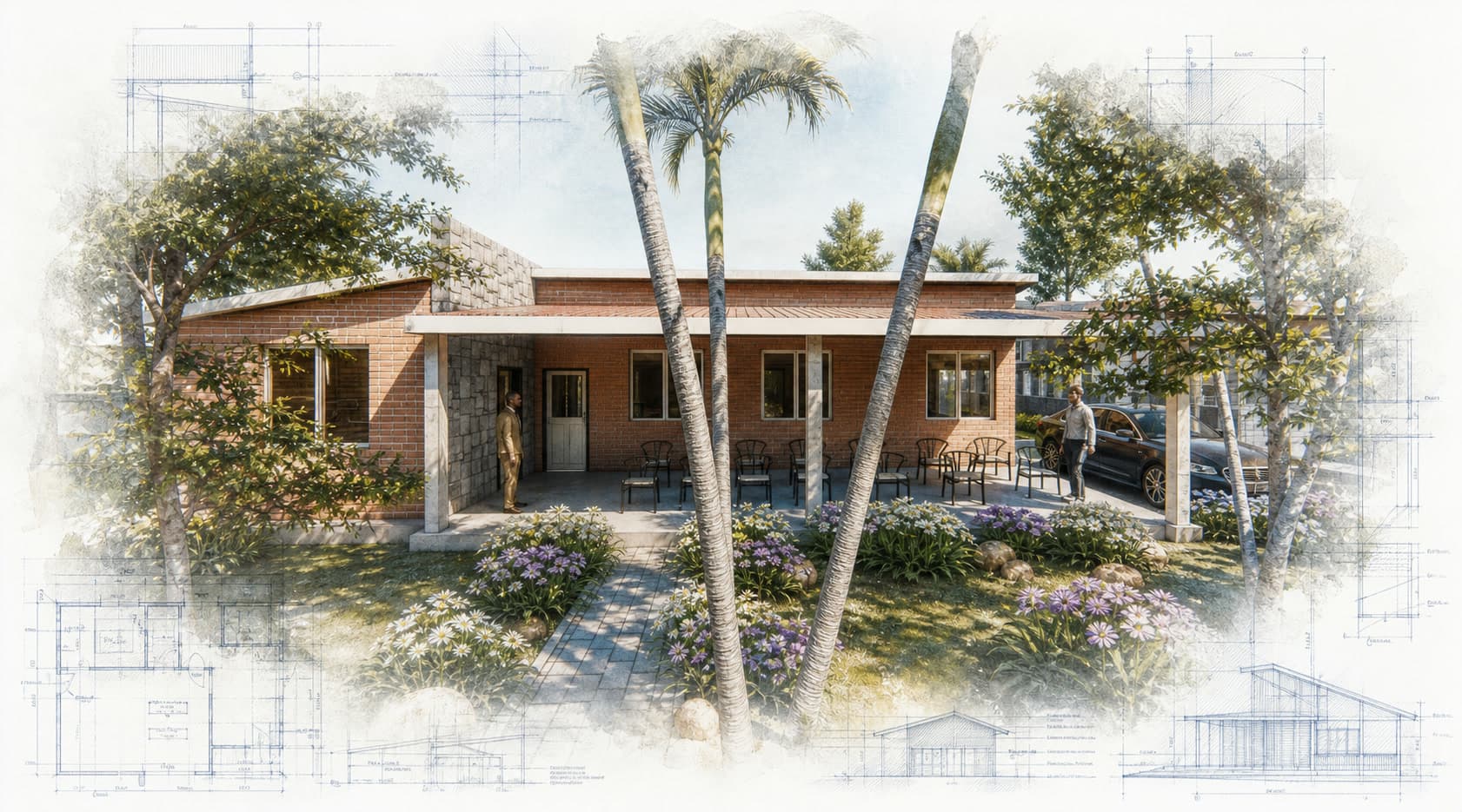 Sage Community Medical and Learning Center architectural visualization with watercolor and blueprint details