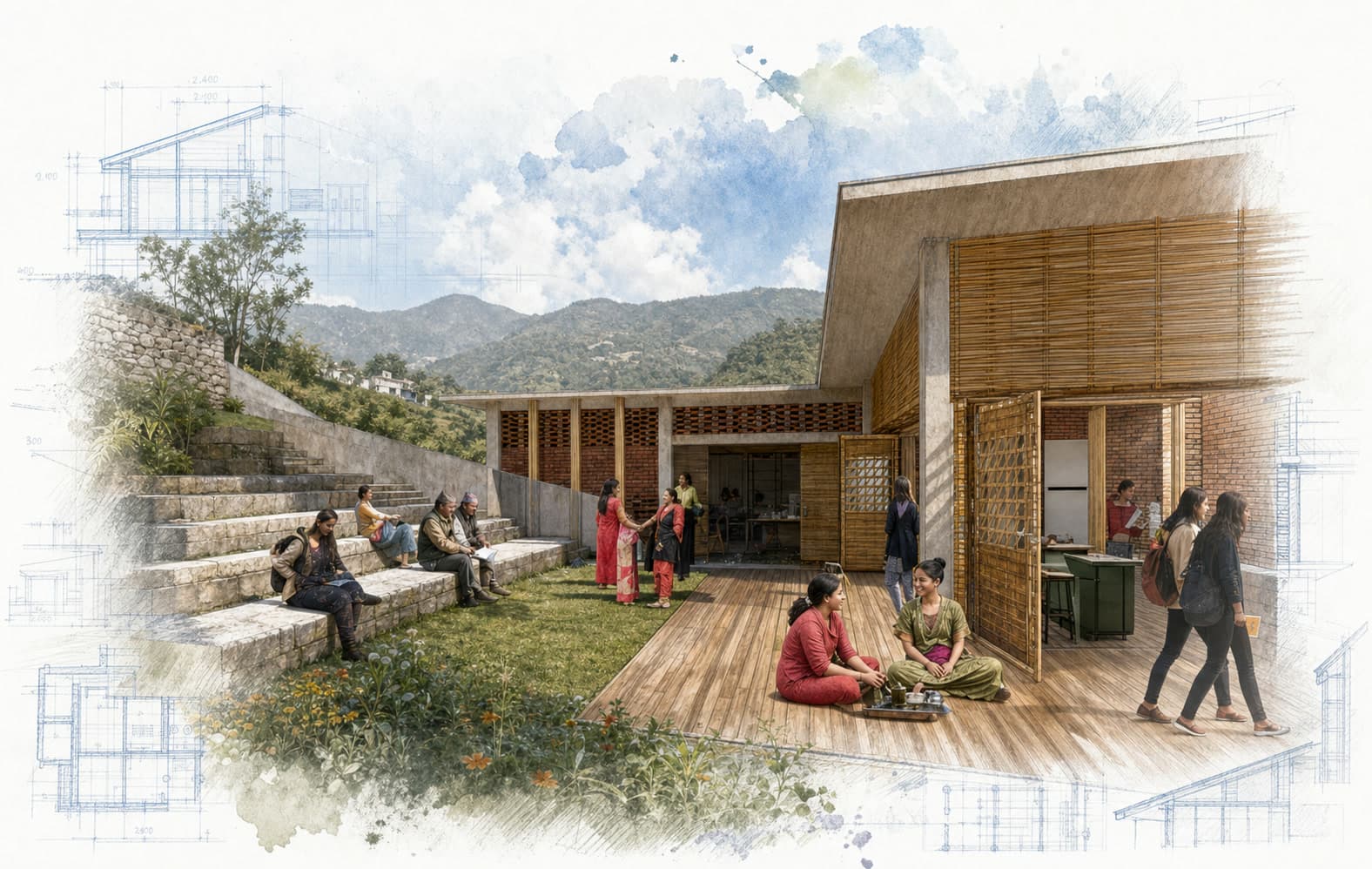 Sakcham Rural Nepal Leadership Vocational Center architectural visualization with watercolor and blueprint details