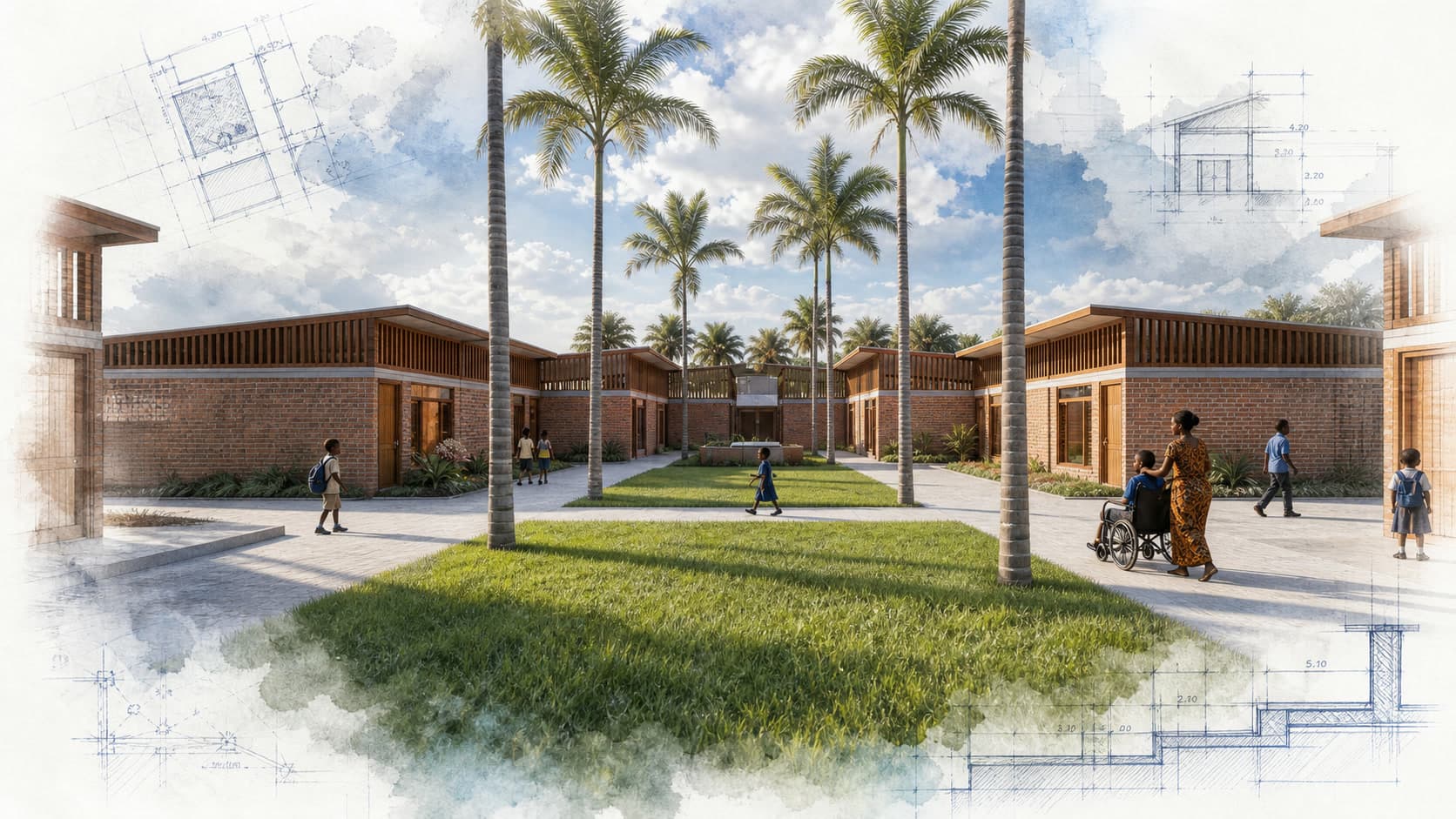 Salvation Academy for Disadvantaged Children (SLAD) architectural visualization with watercolor and blueprint details