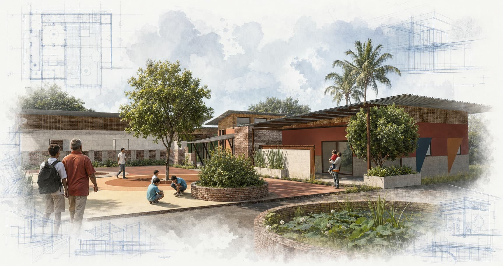 Santiago Agricultural and Water Company architectural visualization with watercolor and blueprint details