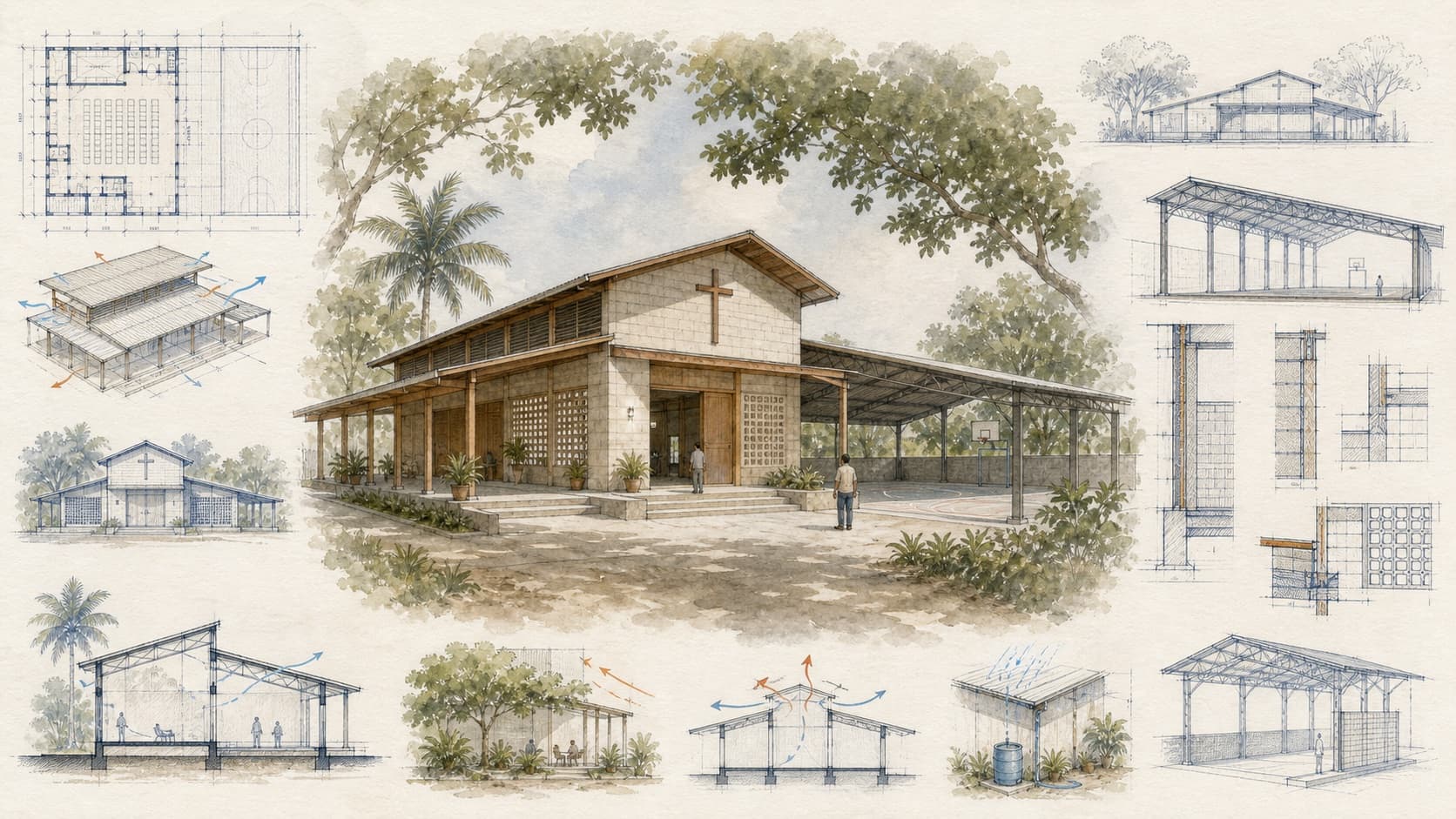 Santiago Christian School architectural visualization with watercolor and blueprint details