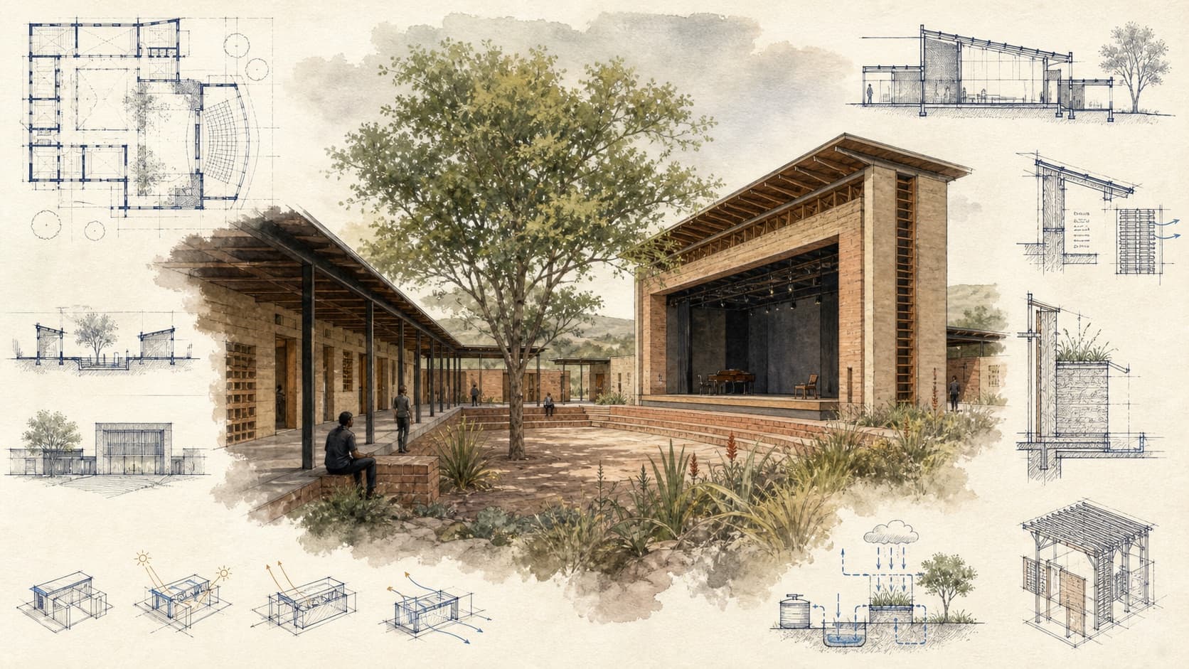 School and Theatre architectural visualization with watercolor and blueprint details
