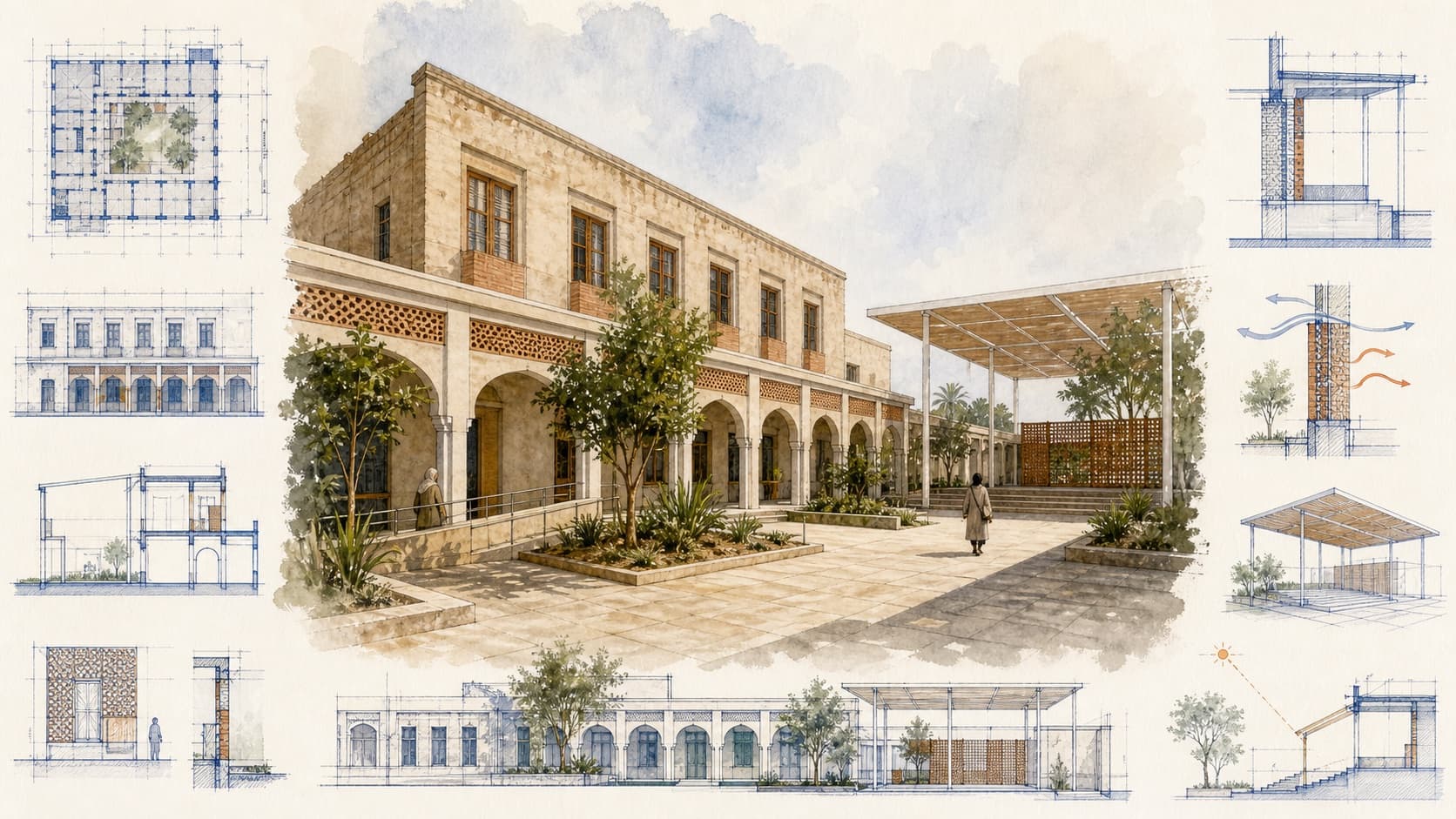 School Rehabilitation Proposal in Meknes (Teach4Morocco) architectural visualization with watercolor and blueprint details