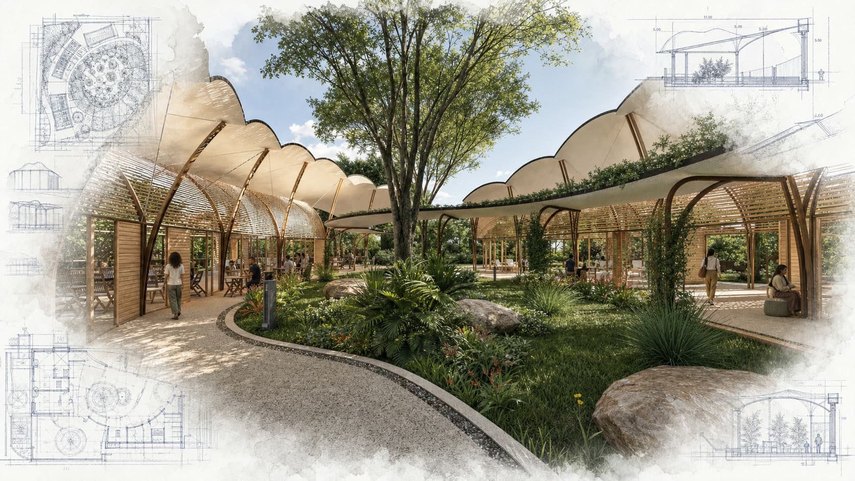 SERES Communiversity Center for Sustainable Leadership and Learning architectural visualization with watercolor and blueprint details