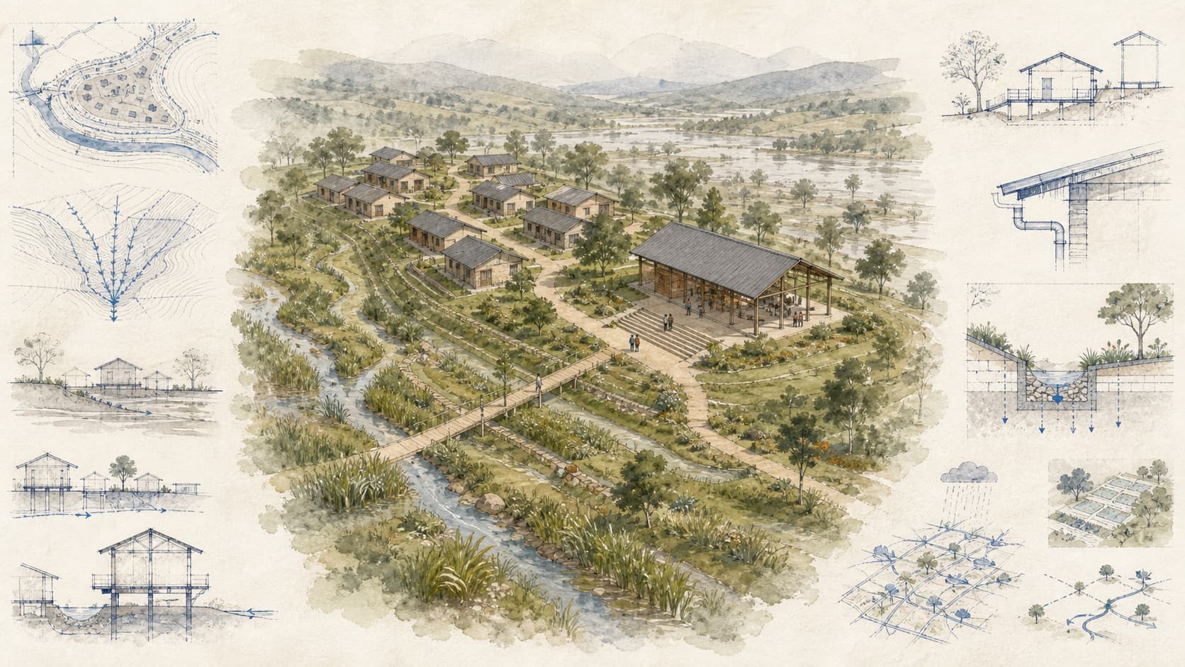 Shyira Relief Master Plan architectural visualization with watercolor and blueprint details